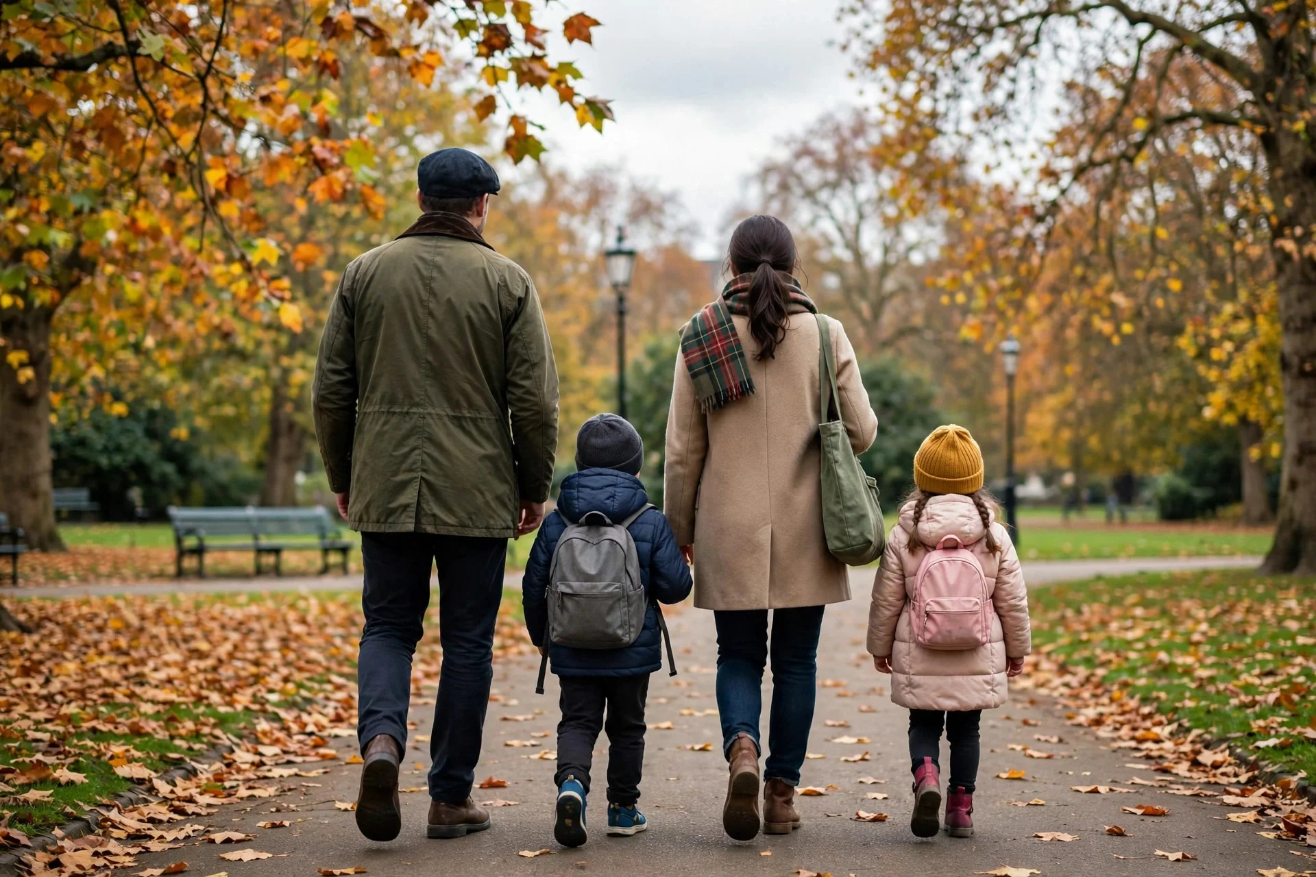 Familia de espaldas con dos niños caminando por un sendero de un parque otoñal con hojas caídas y árboles dorados