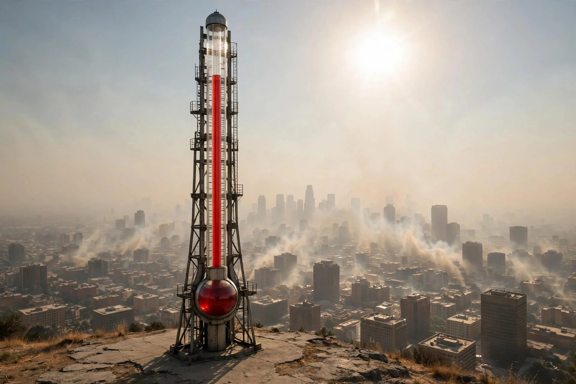 Termómetro gigante con la columna en rojo sobre una ciudad envuelta en niebla de calor bajo un sol abrasador