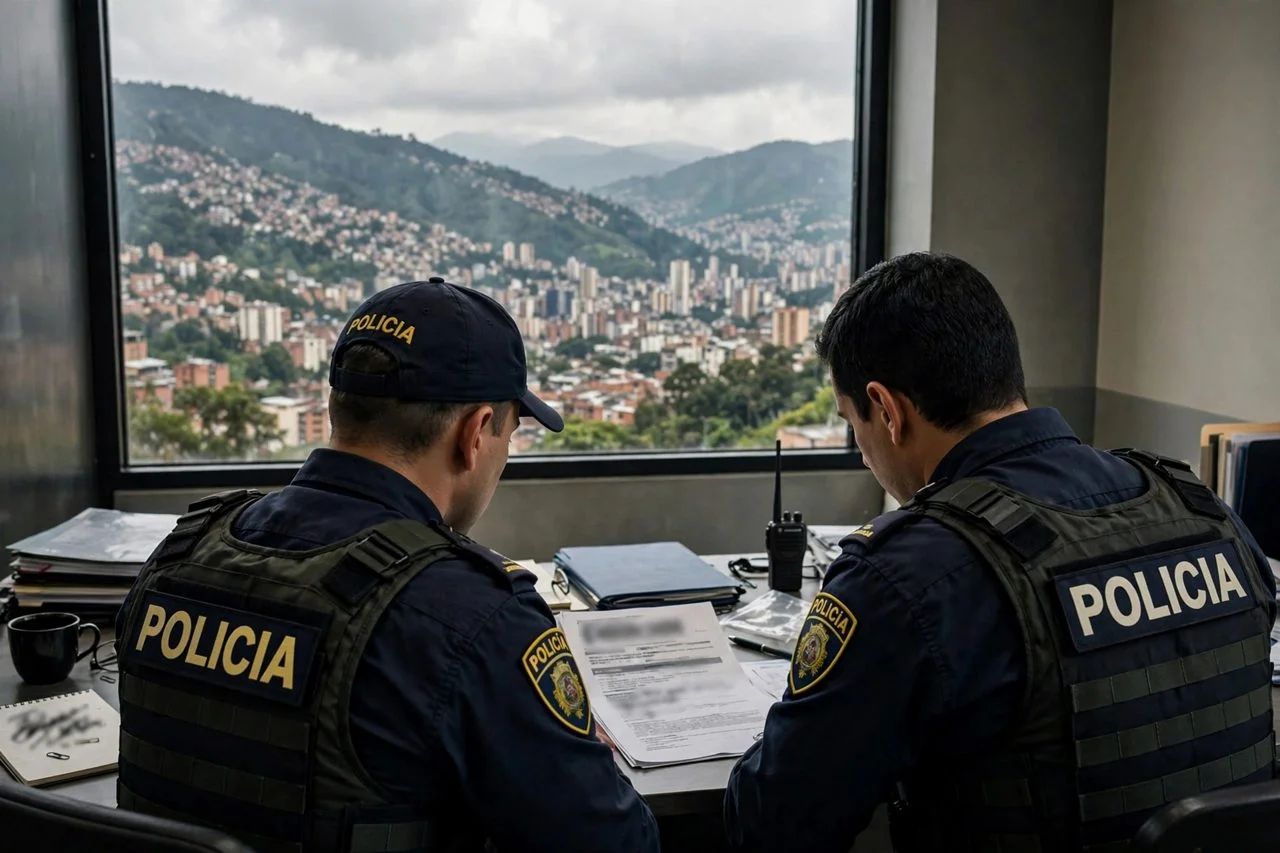 Agentes de policía revisan documentos en una oficina con vista a las colinas de Medellín