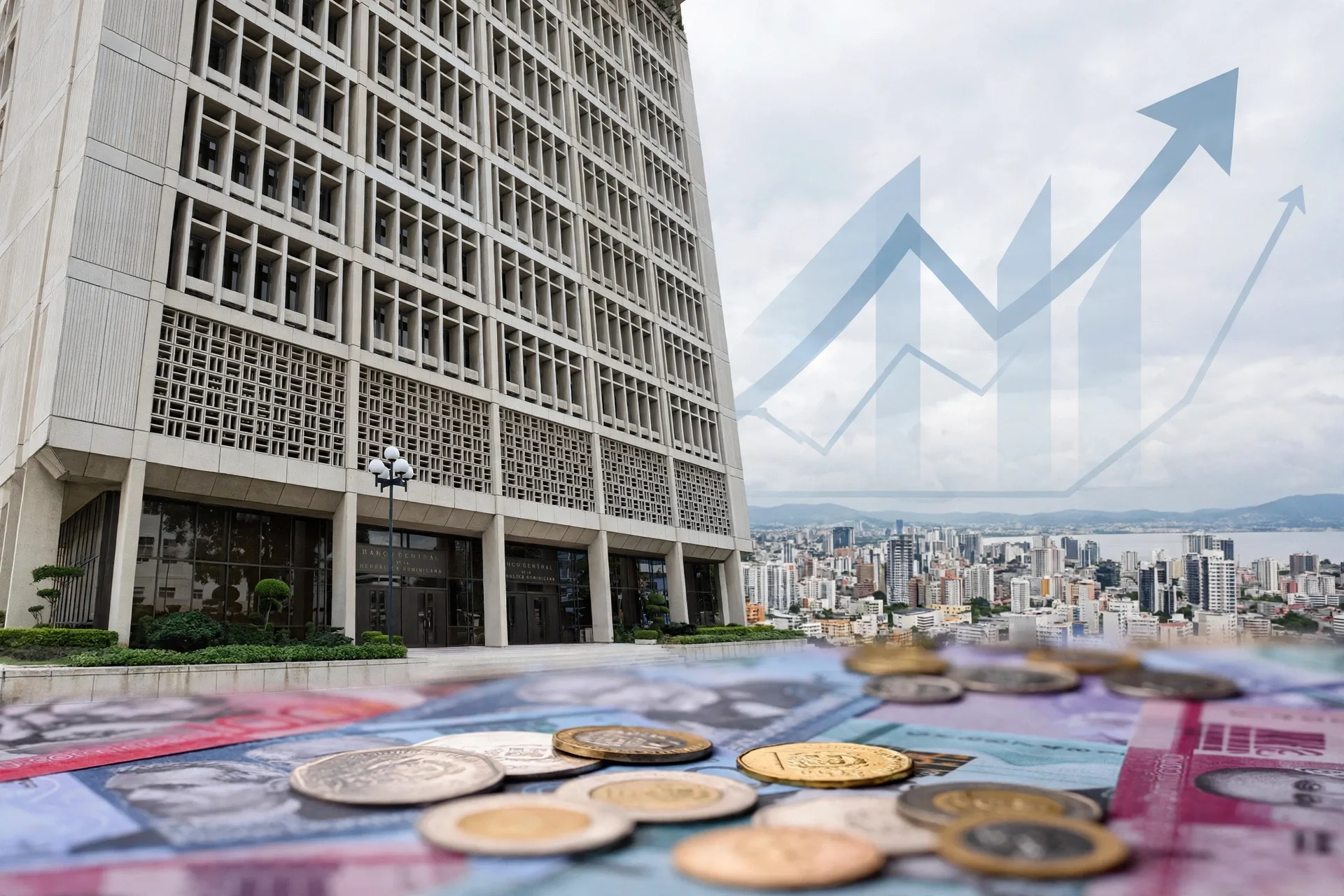Edificio de banco central, billetes en pesos dominicanos y gráfico cambiario