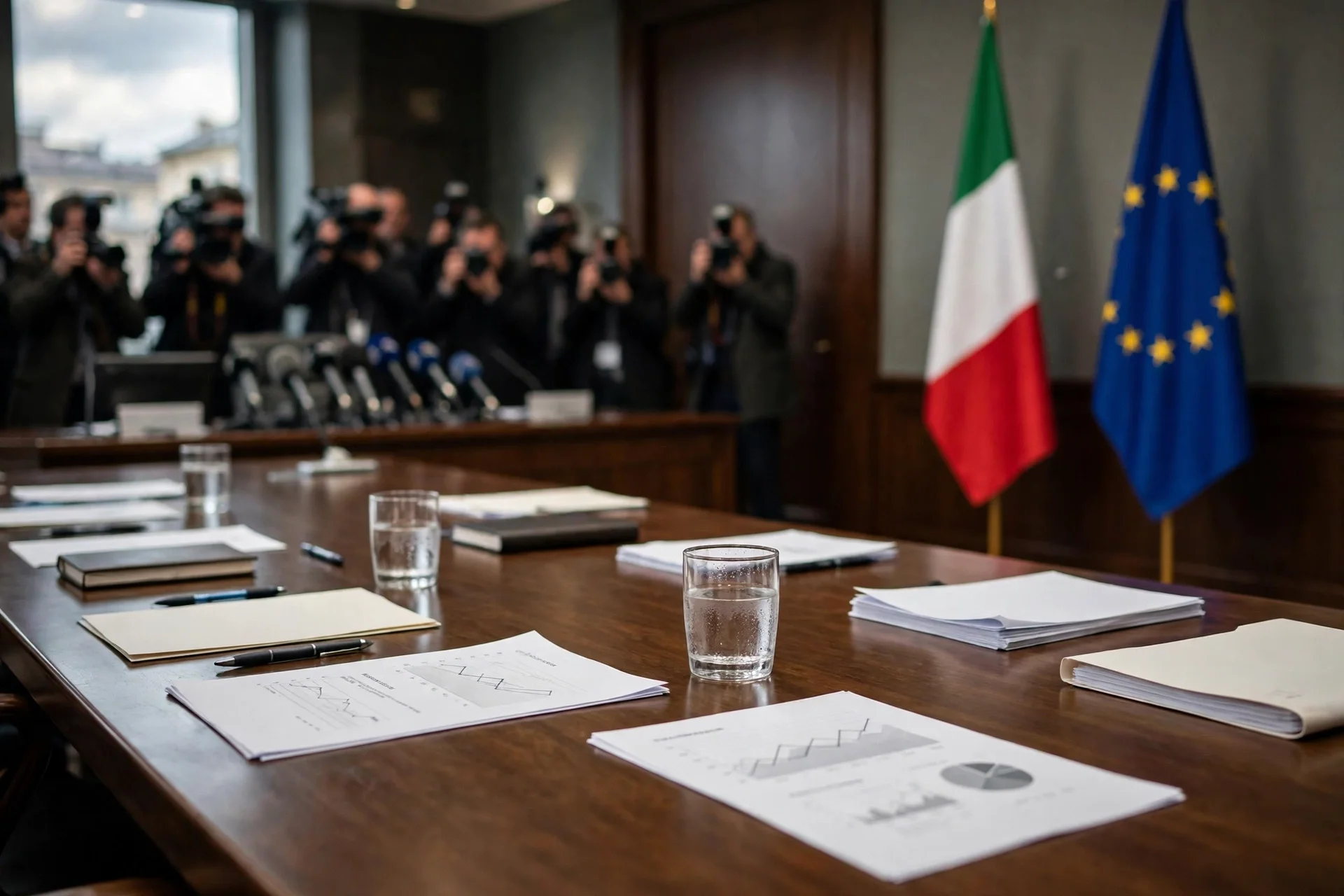 Sala de rueda de prensa con banderas de Italia y de la Unión Europea y documentos con gráficos de energía sobre la mesa