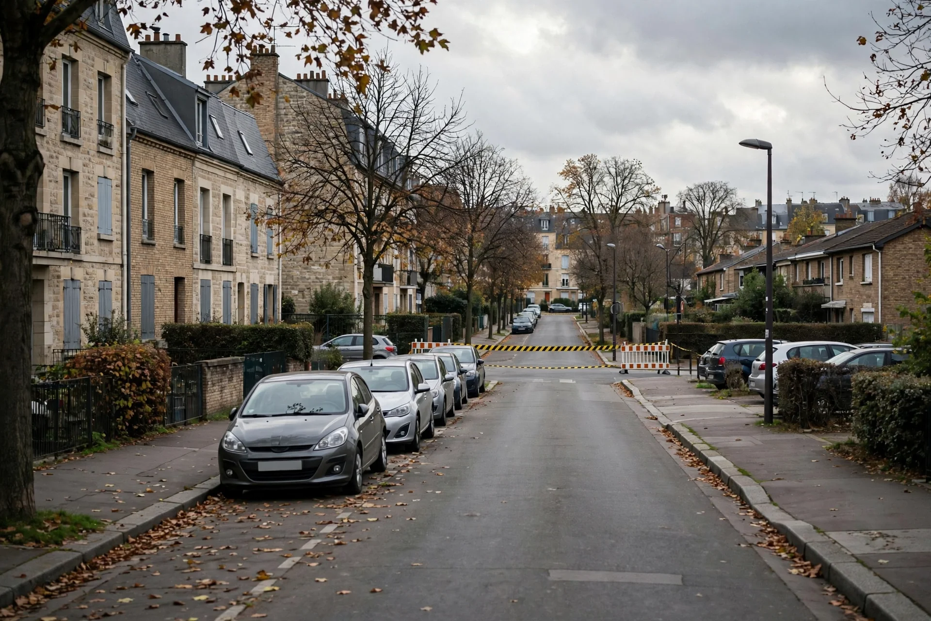 Calle residencial de un suburbio francés al suroeste de París cerrada a distancia con una cinta de cordón, en ambiente sobrio y sin personas en primer plano