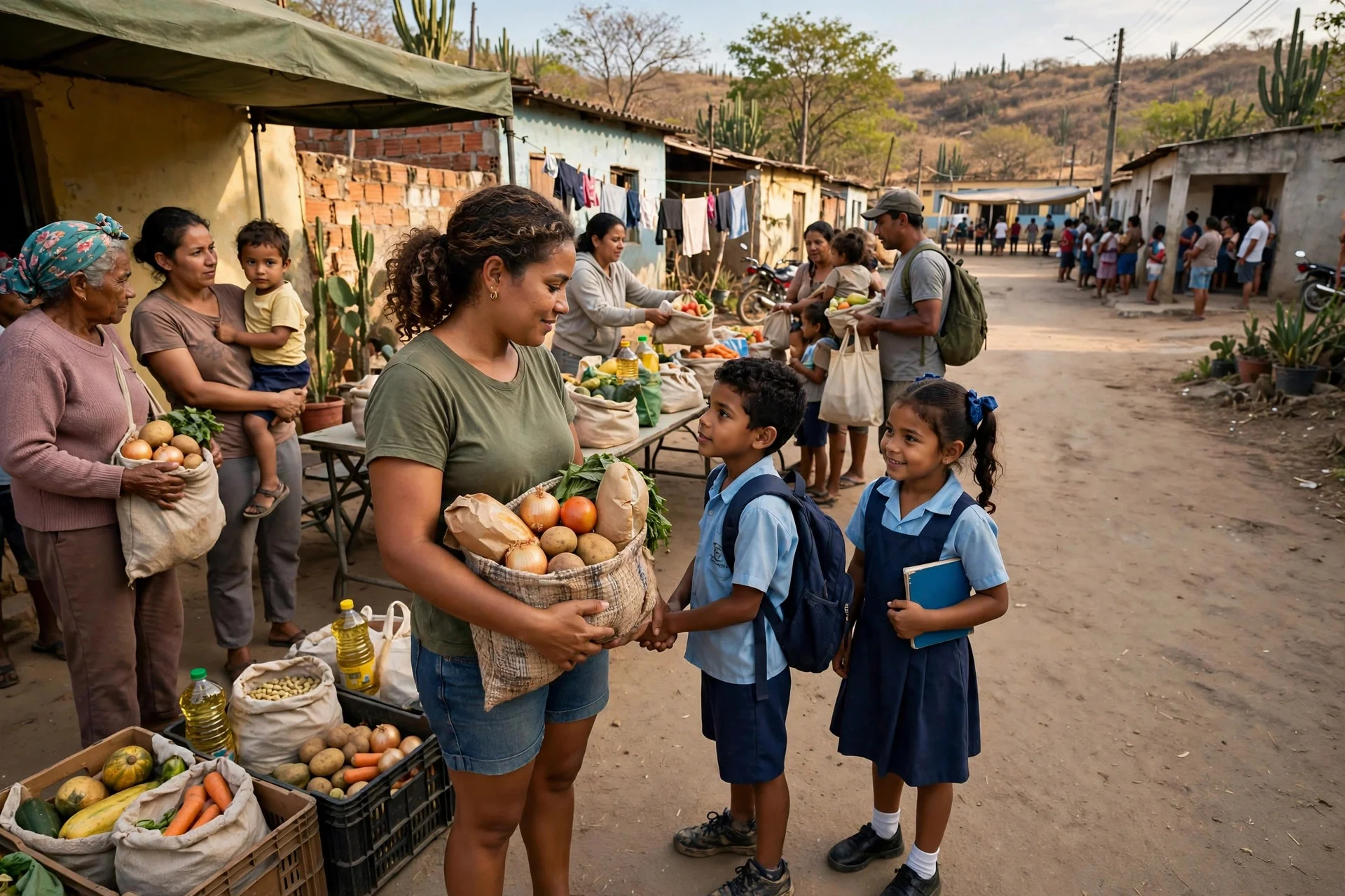 Familias brasileñas con bolsas de alimentos junto a niños con uniforme escolar en una calle de un barrio humilde del noreste de Brasil