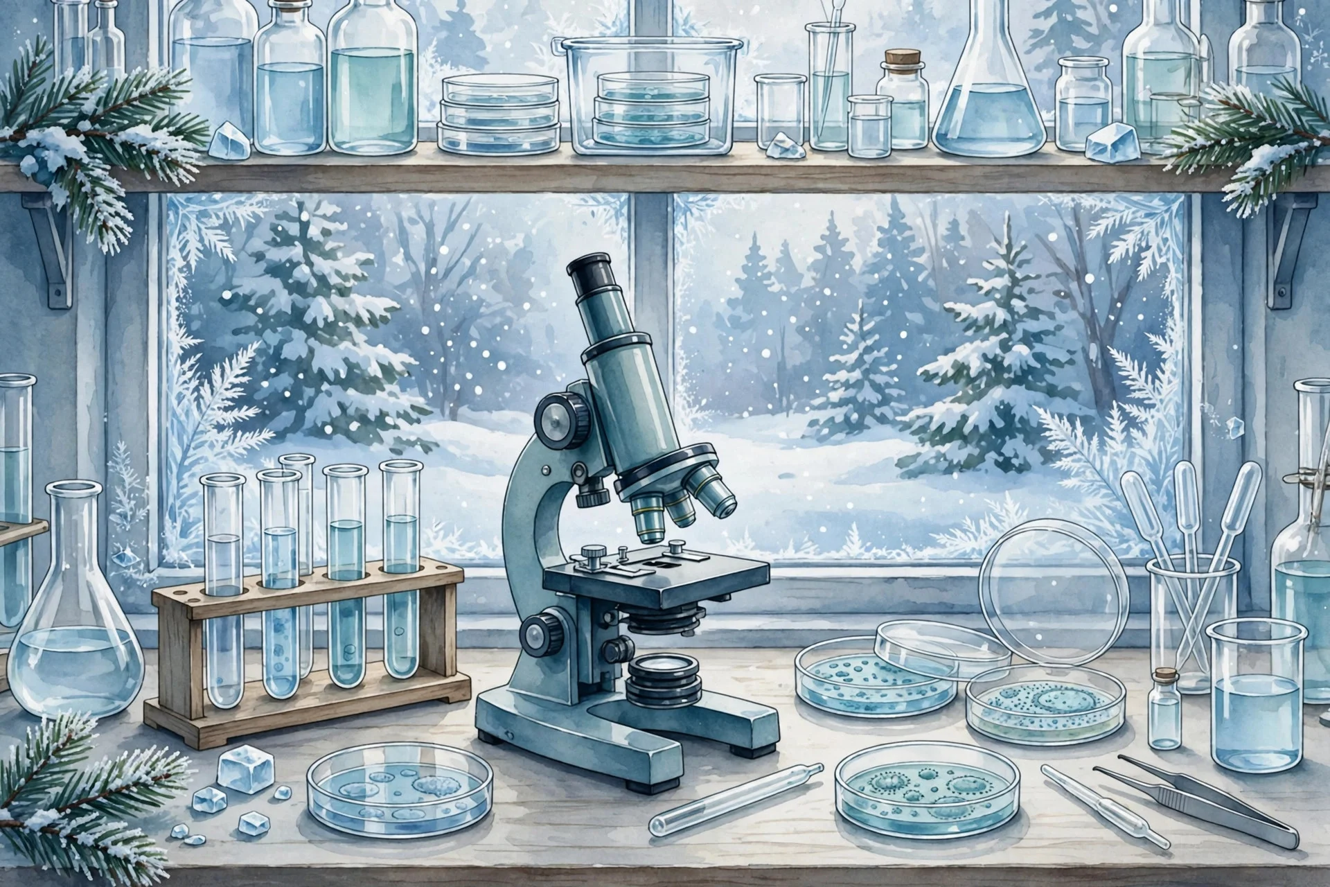Ilustración de un laboratorio de salud pública en invierno con microscopio, tubos de ensayo y placas de cultivo en tonos fríos frente a una ventana nevada