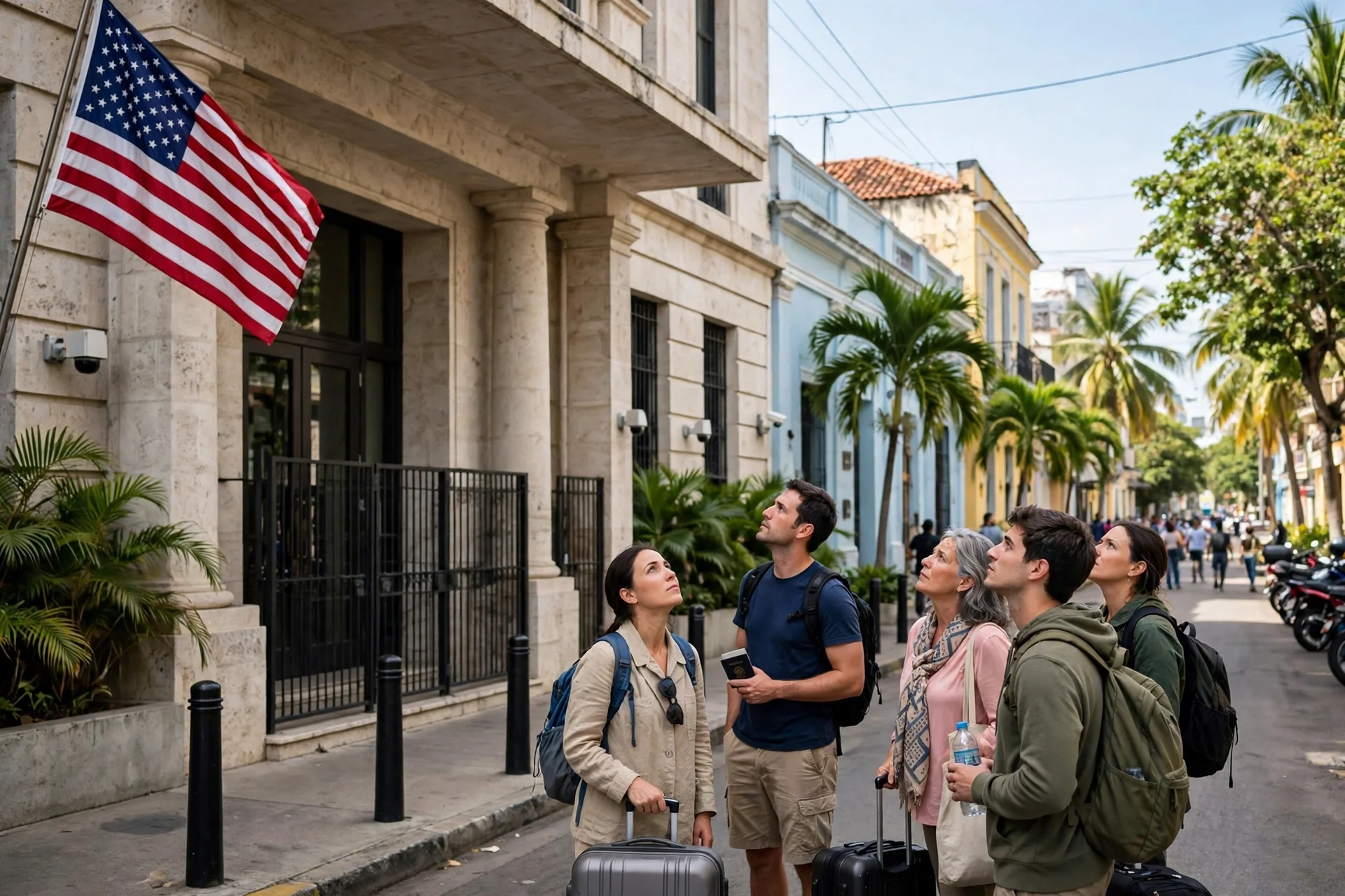 Fachada de un edificio institucional con bandera de Estados Unidos y viajeros atentos con equipaje en una calle de Santo Domingo