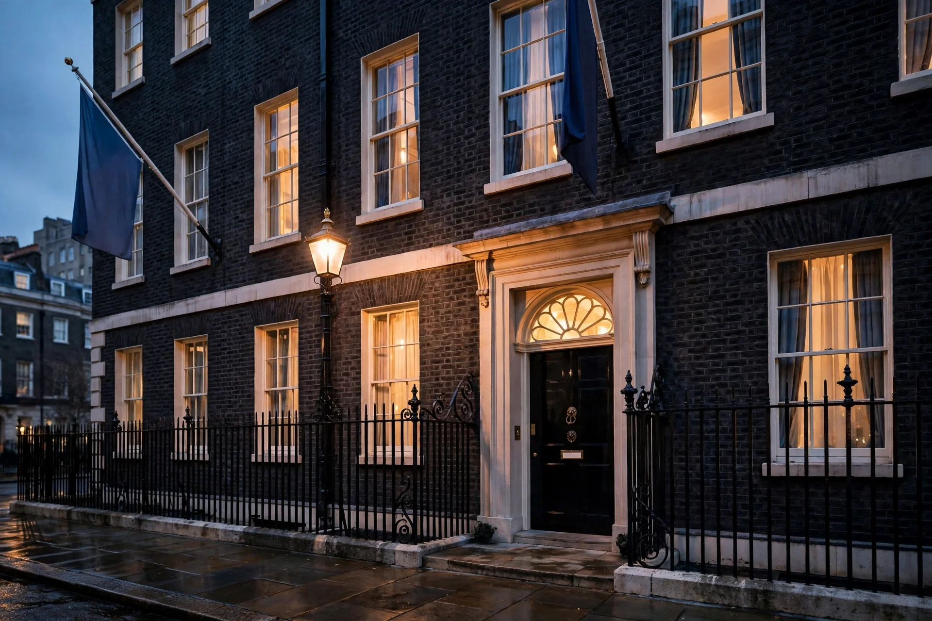 Fachada de Downing Street al anochecer con ventanas iluminadas y ambiente diplomático