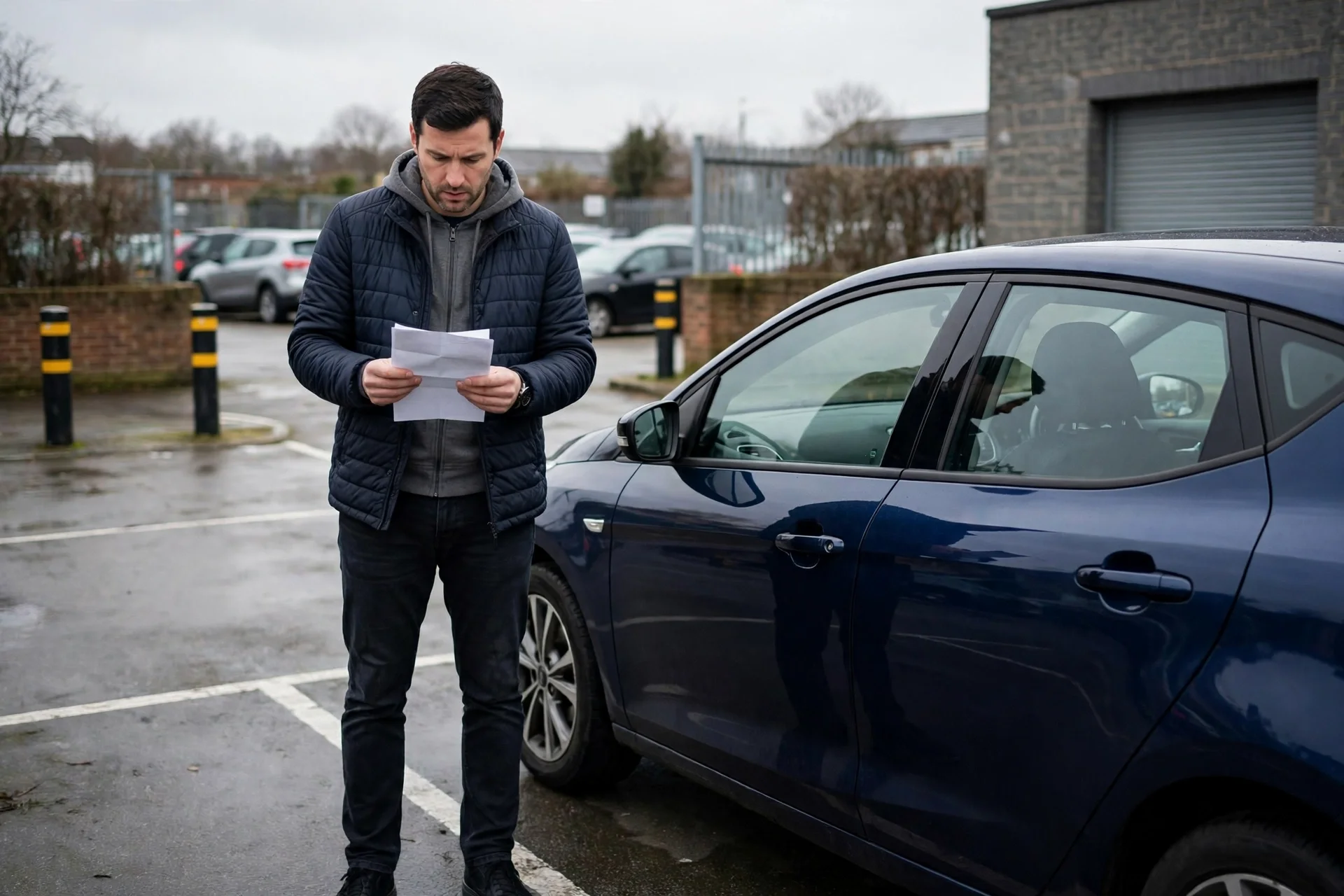 Conductor junto a su coche azul en un aparcamiento privado británico revisando un aviso de cargo en papel