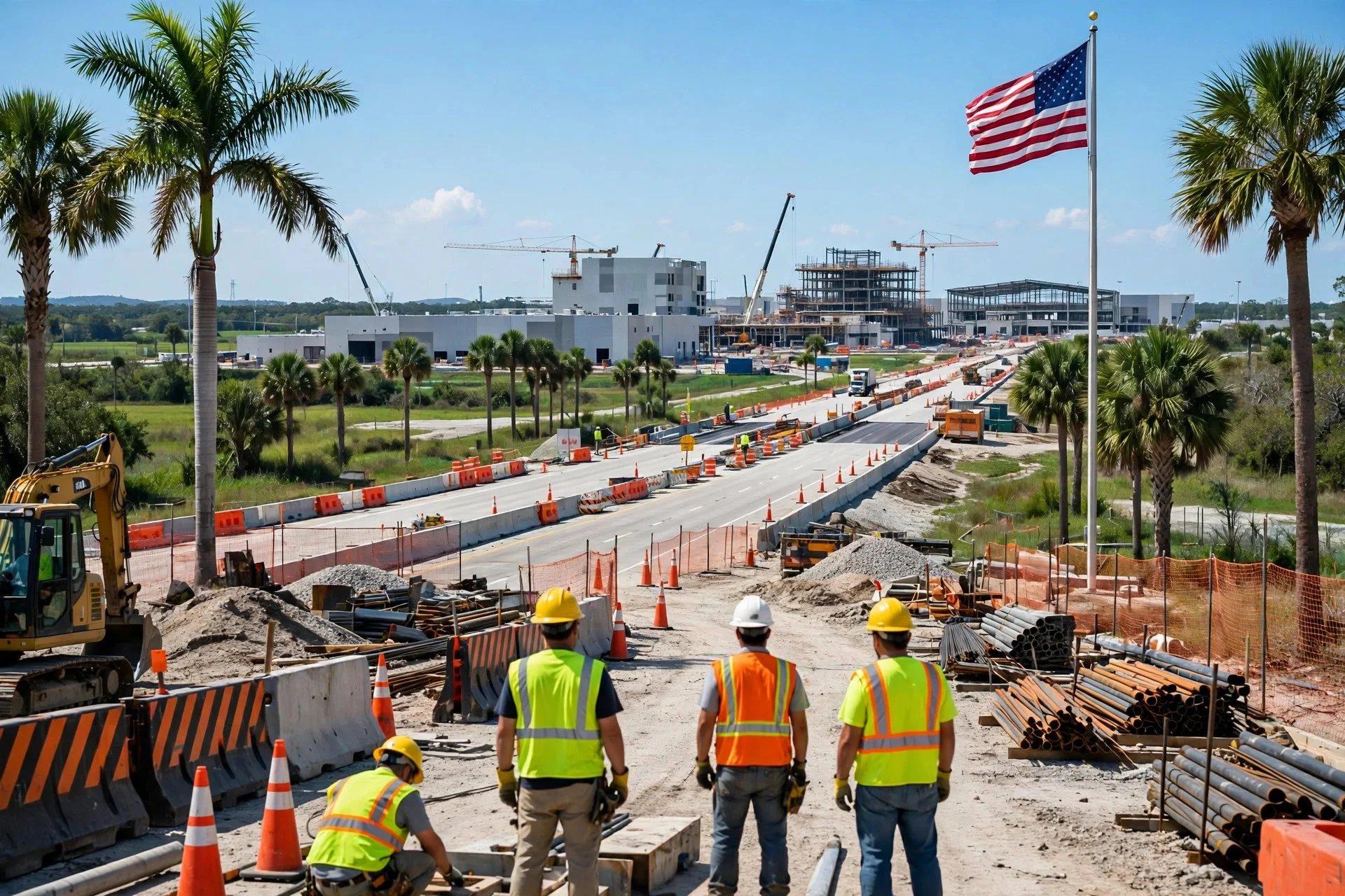 Paisaje de Florida con palmeras, obras en una carretera y edificios industriales nuevos al fondo