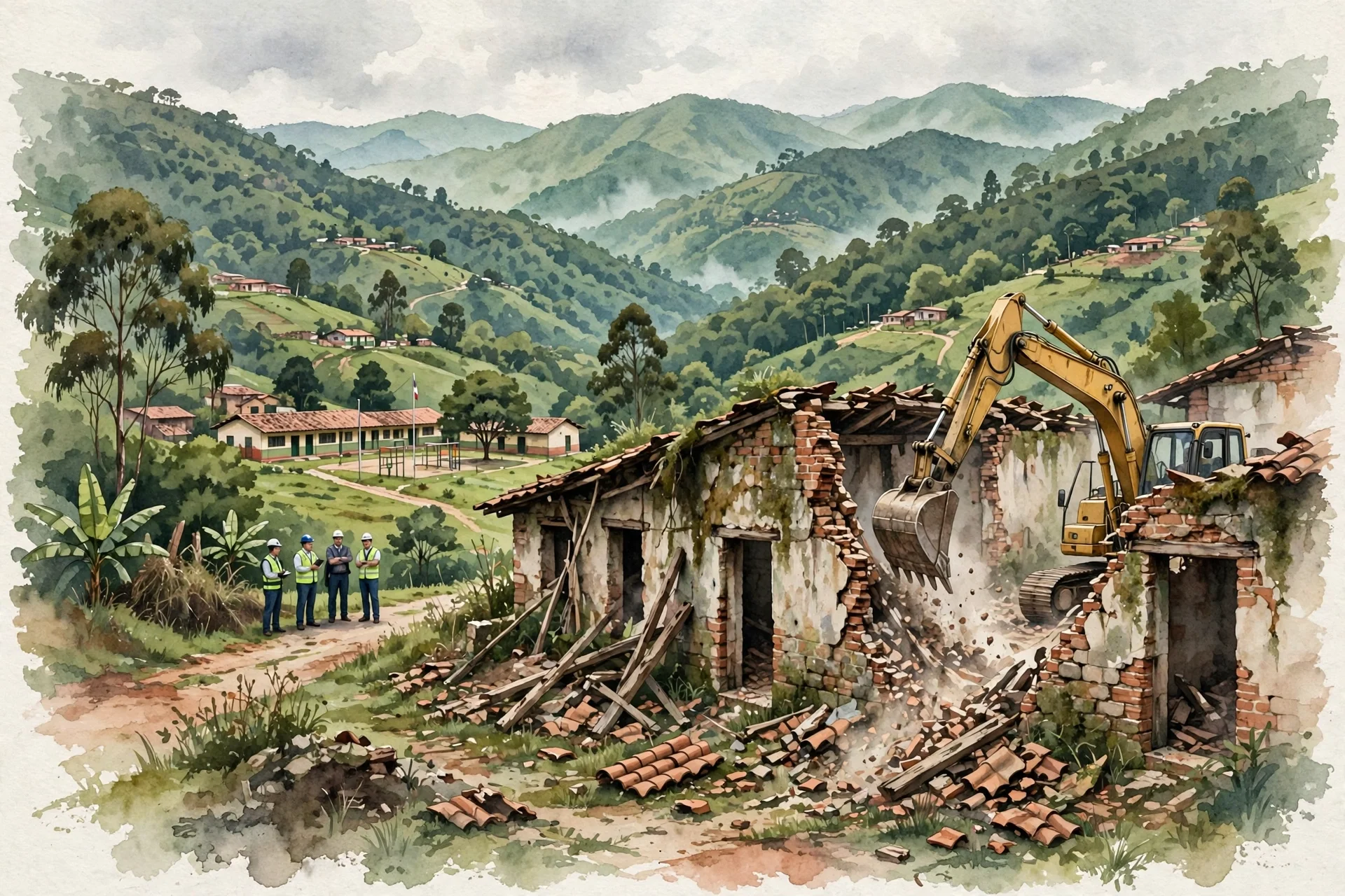 Ilustración editorial en acuarela de una excavadora demoliendo unas antiguas pesebreras de ladrillo junto a una escuela, con montañas verdes al fondo
