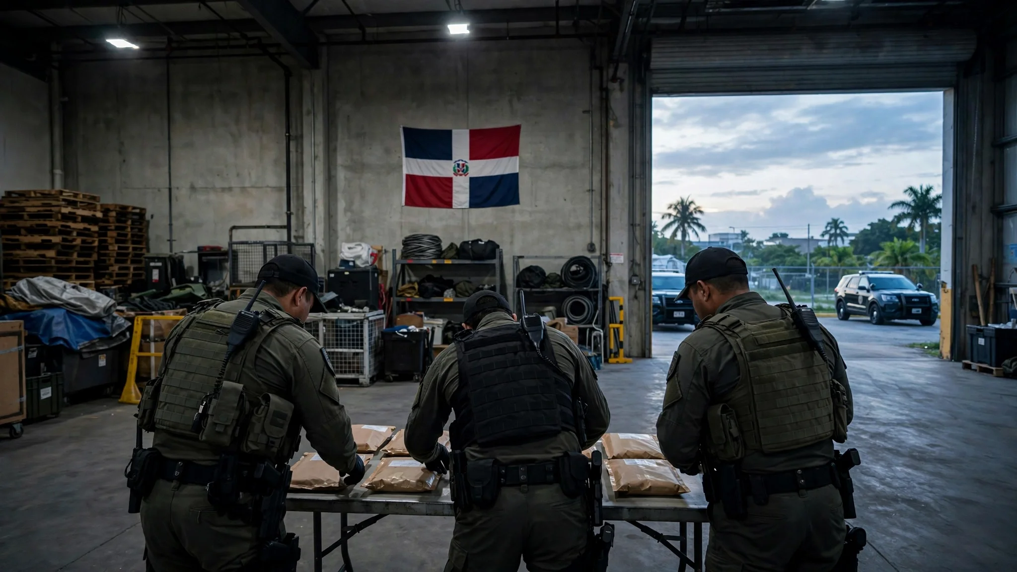 Agentes antinarcóticos de espaldas revisando paquetes sellados de evidencia en un almacén con la bandera dominicana