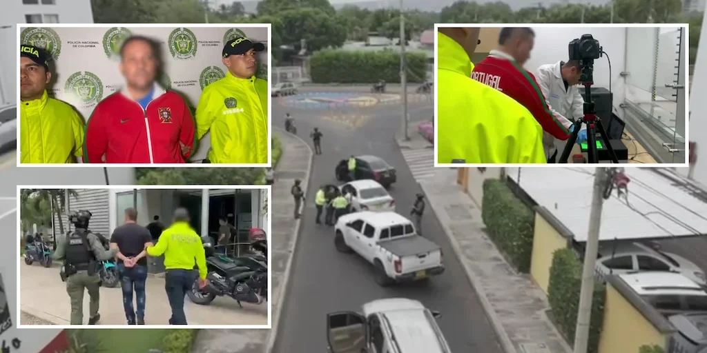 Collage del operativo de captura en Cúcuta: el detenido con chaqueta roja entre agentes de la Policía Nacional, un operativo en la calle y la toma de huellas dactilares.