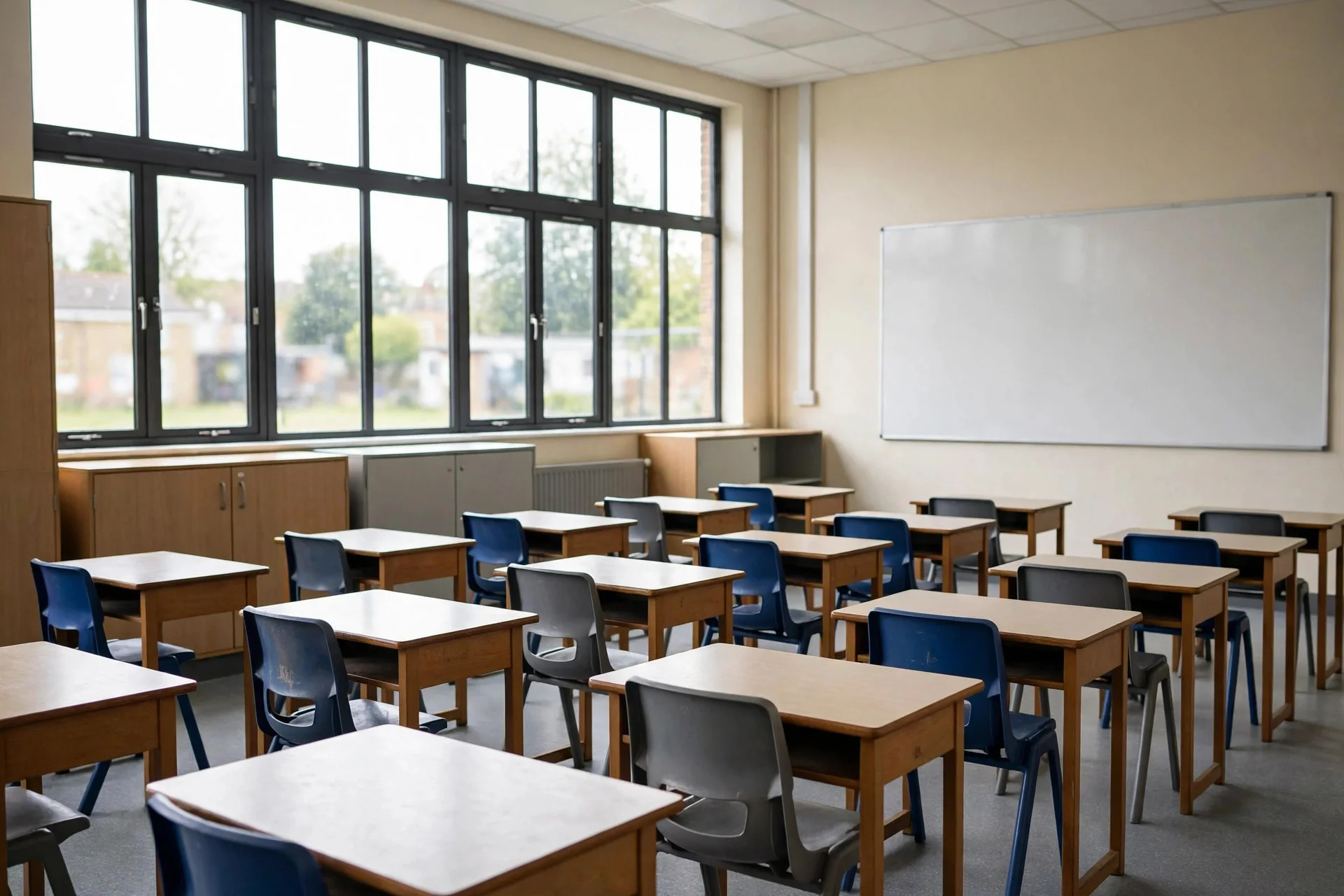 Empty bright school classroom with desks, chairs and a blank whiteboard