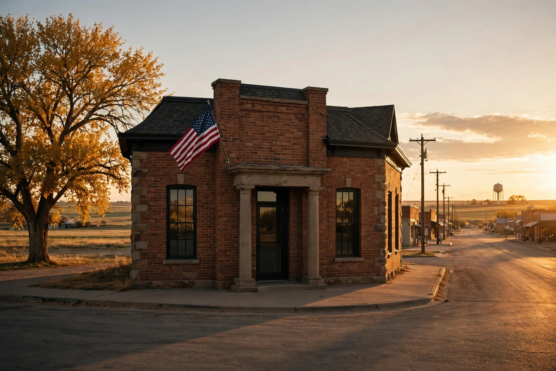 Edificio de ladrillo de un pequeño banco comunitario en una esquina de Kansas al atardecer, con bandera de Estados Unidos, un árbol otoñal y una calle tranquila