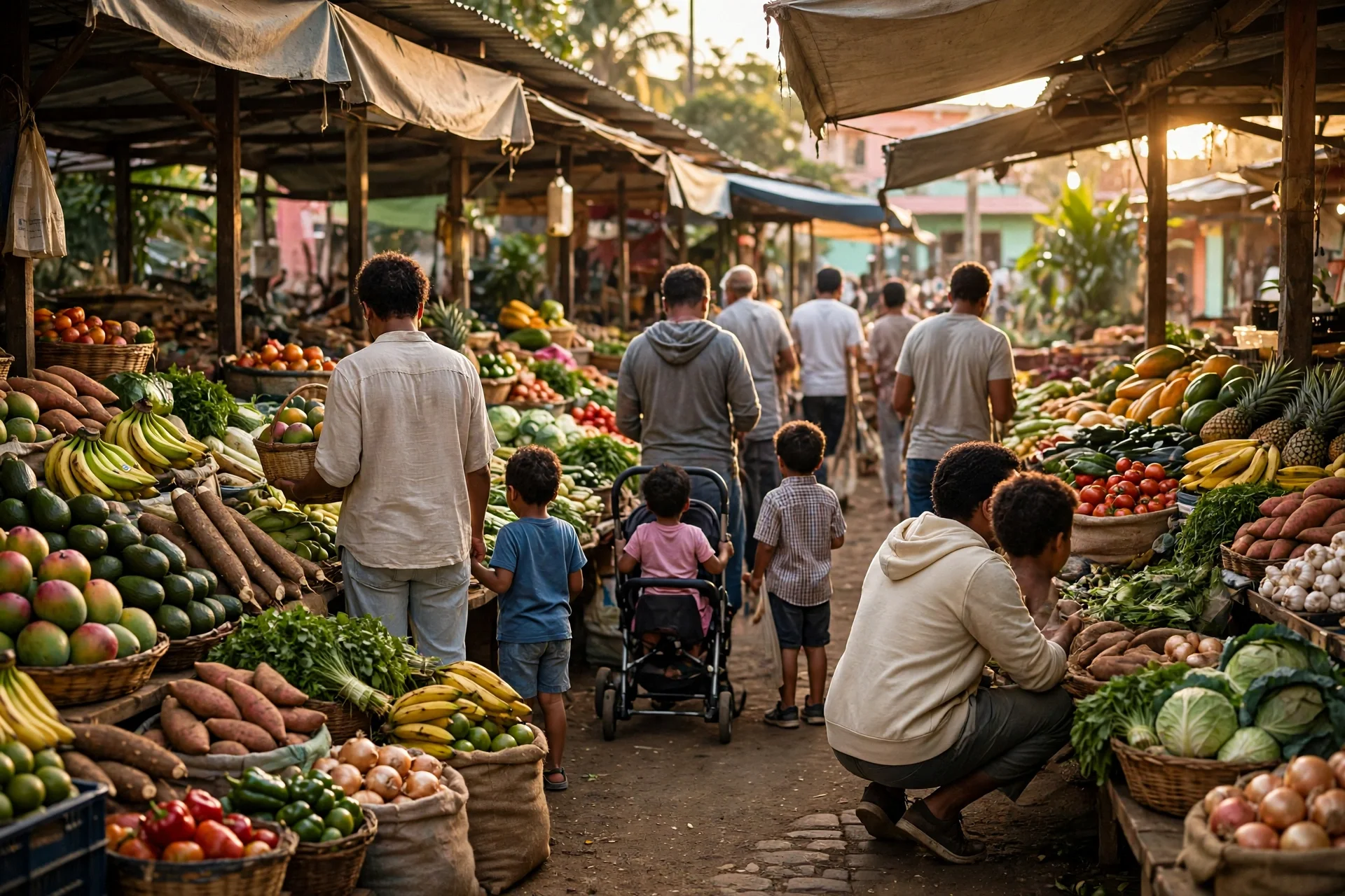 Mercado agrícola con productos frescos y familias comprando alimentos bajo luz cálida