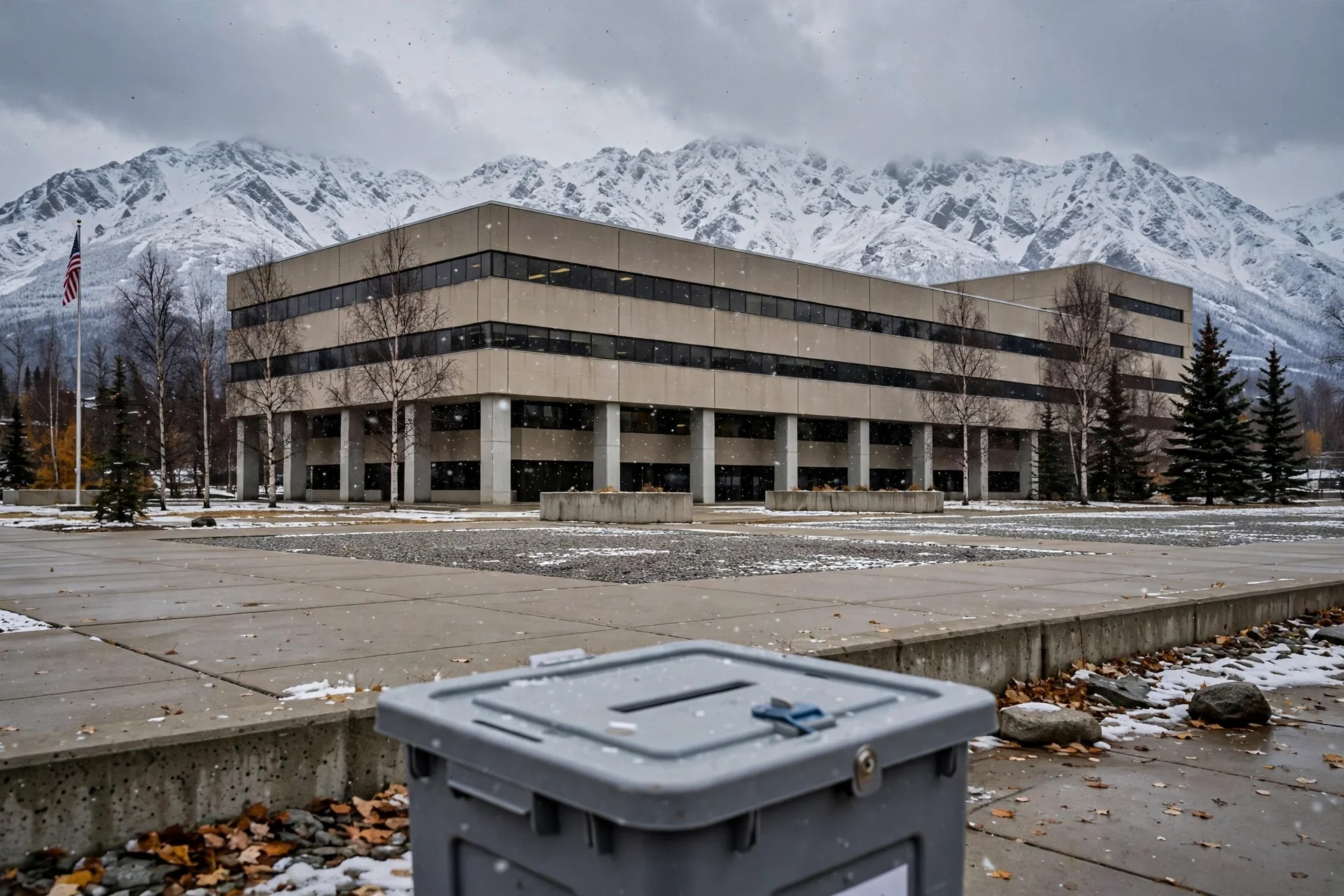 Edificio federal en Anchorage con montañas nevadas al fondo y una urna electoral en primer plano