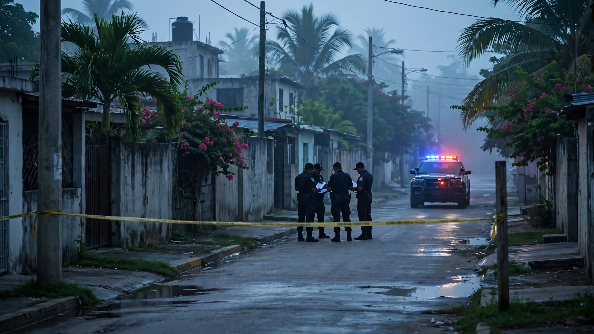 Cordón policial al amanecer en una calle residencial de Santo Domingo con una patrulla al fondo