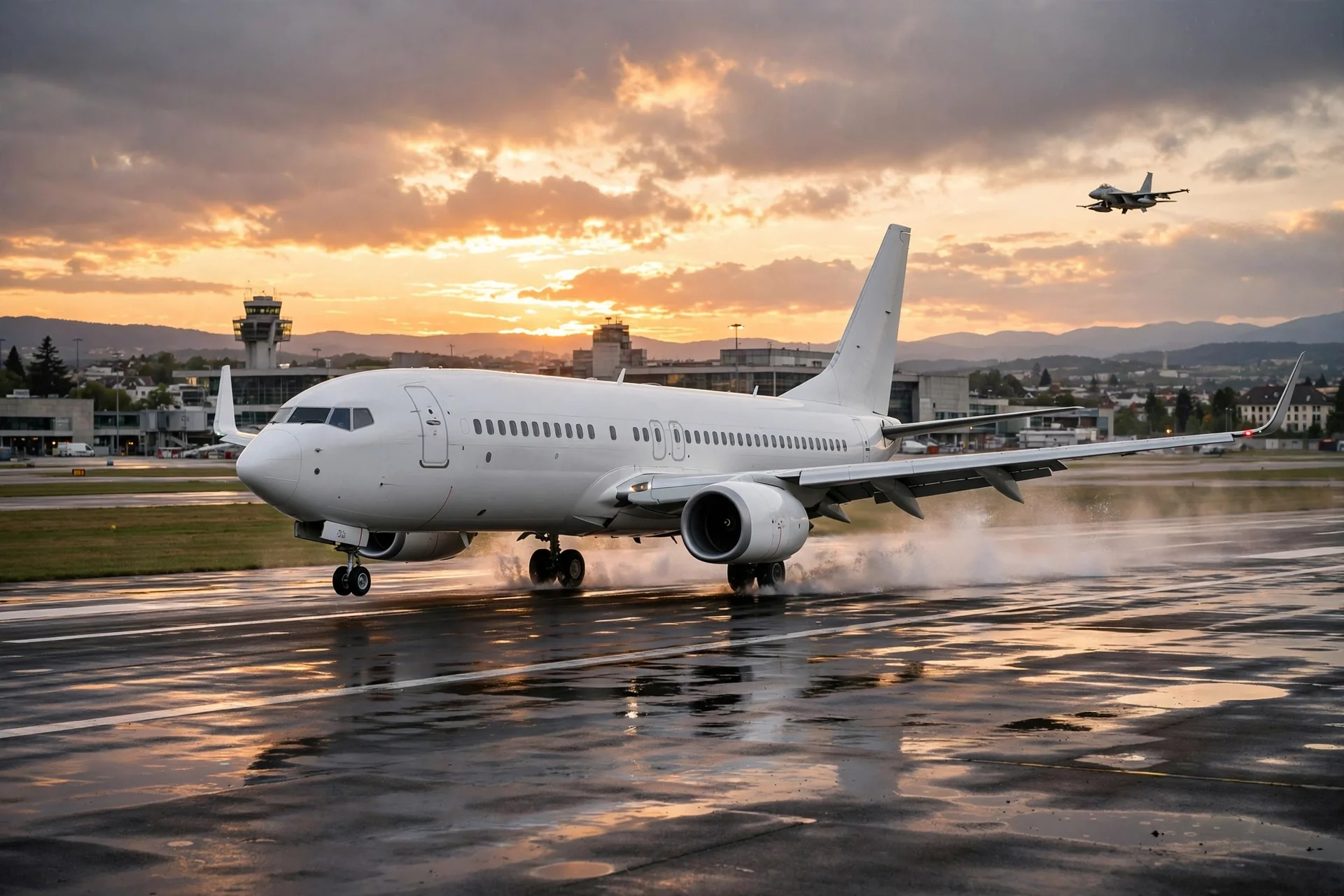 Avión comercial blanco aterrizando al atardecer en una pista húmeda de un aeropuerto europeo, escoltado a distancia por un caza militar