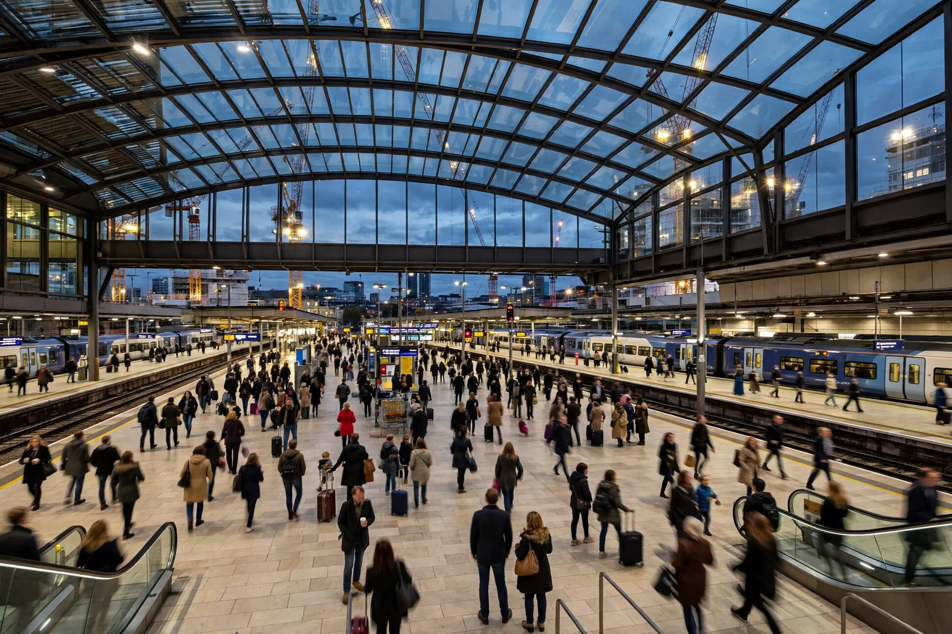 Estación ferroviaria británica concurrida al anochecer con trenes, viajeros y grúas de construcción fuera