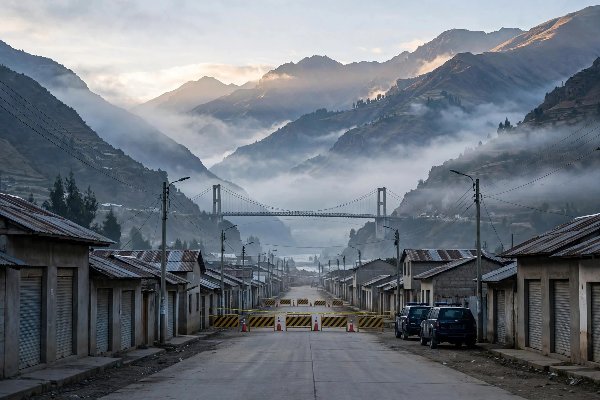 Calle fronteriza andina al amanecer con un puente colgante al fondo, barreras de cierre vial y vehículos policiales a distancia, sin personas identificables