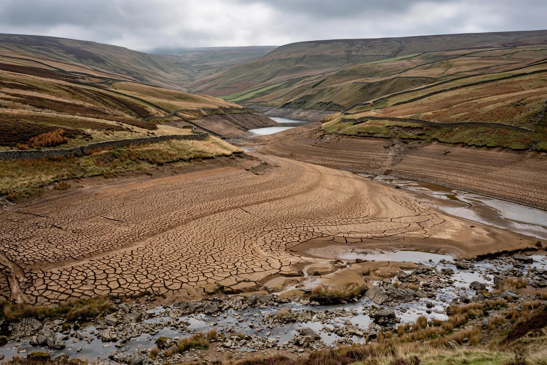 Embalse de Yorkshire con el lecho agrietado por la sequía y colinas de páramo al fondo