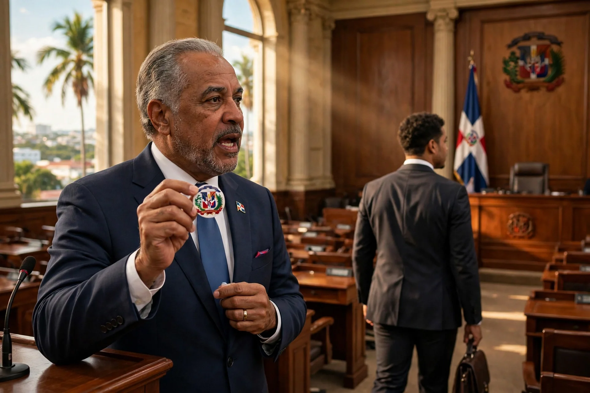 Senador dominicano hablando en el hemiciclo con una insignia partidaria en la solapa