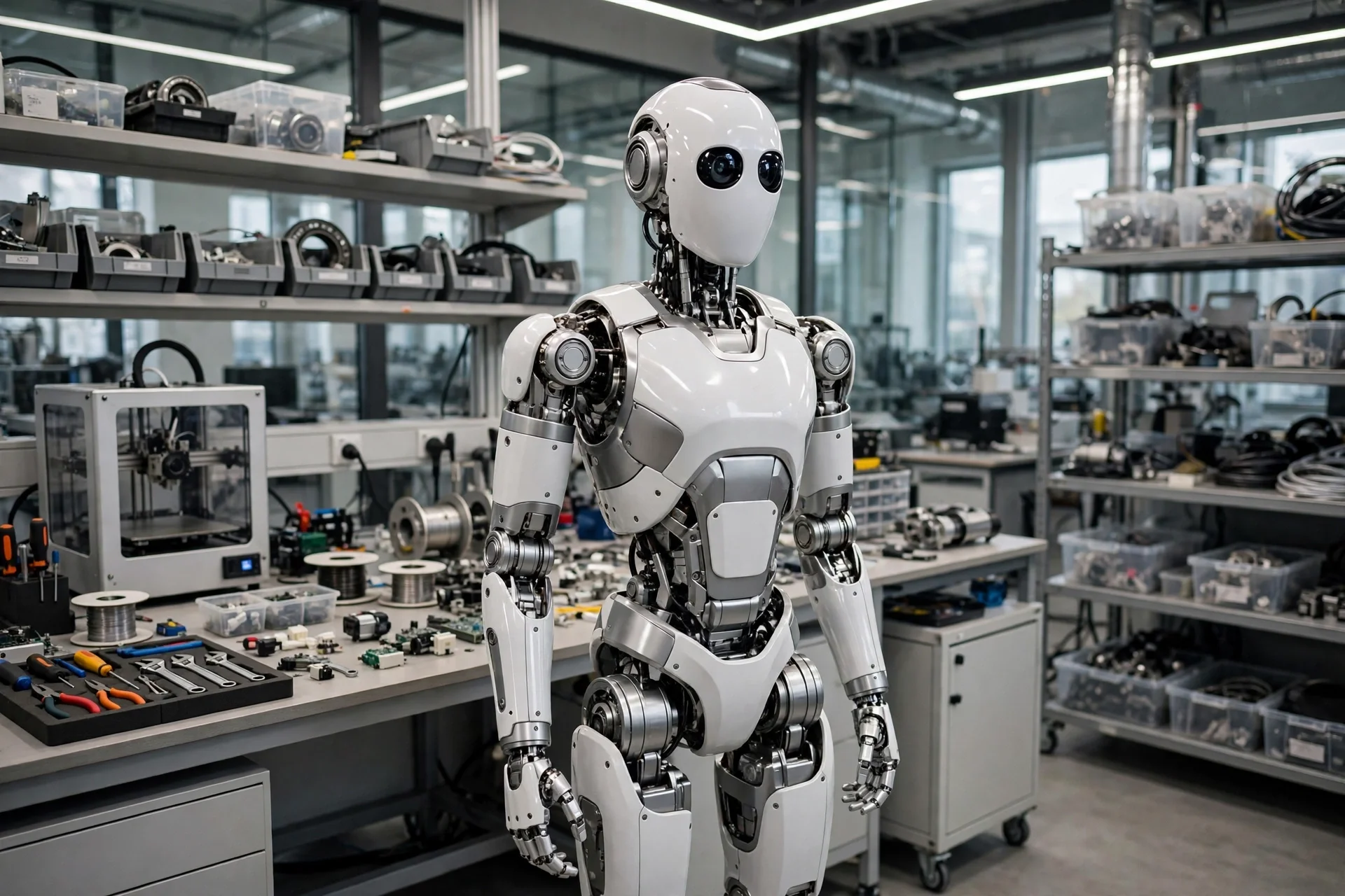 Robot humanoide blanco de pie en un laboratorio de robótica, rodeado de mesas de trabajo, herramientas y estanterías con componentes