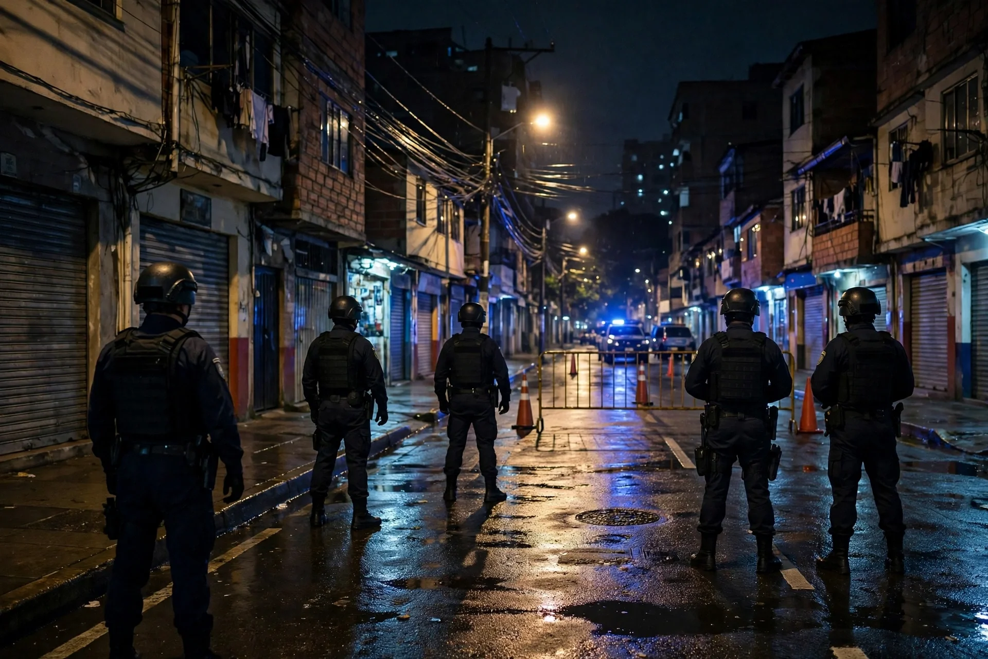 Operativo nocturno de seguridad en una calle de Medellín, con integrantes de la Fuerza Pública desplegados durante la madrugada