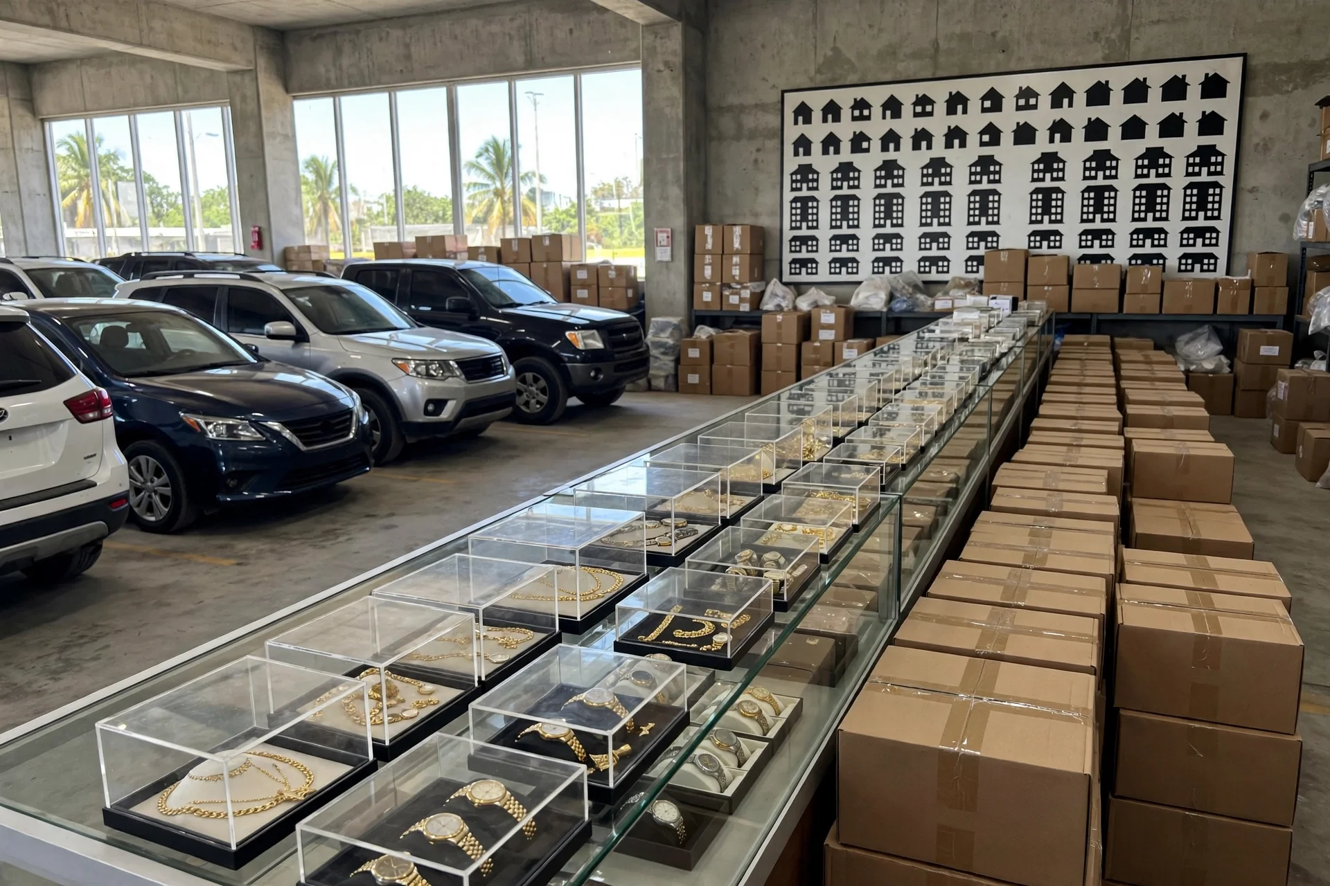 Almacén con vehículos alineados, vitrinas con joyas y relojes y cajas selladas listas para una subasta pública