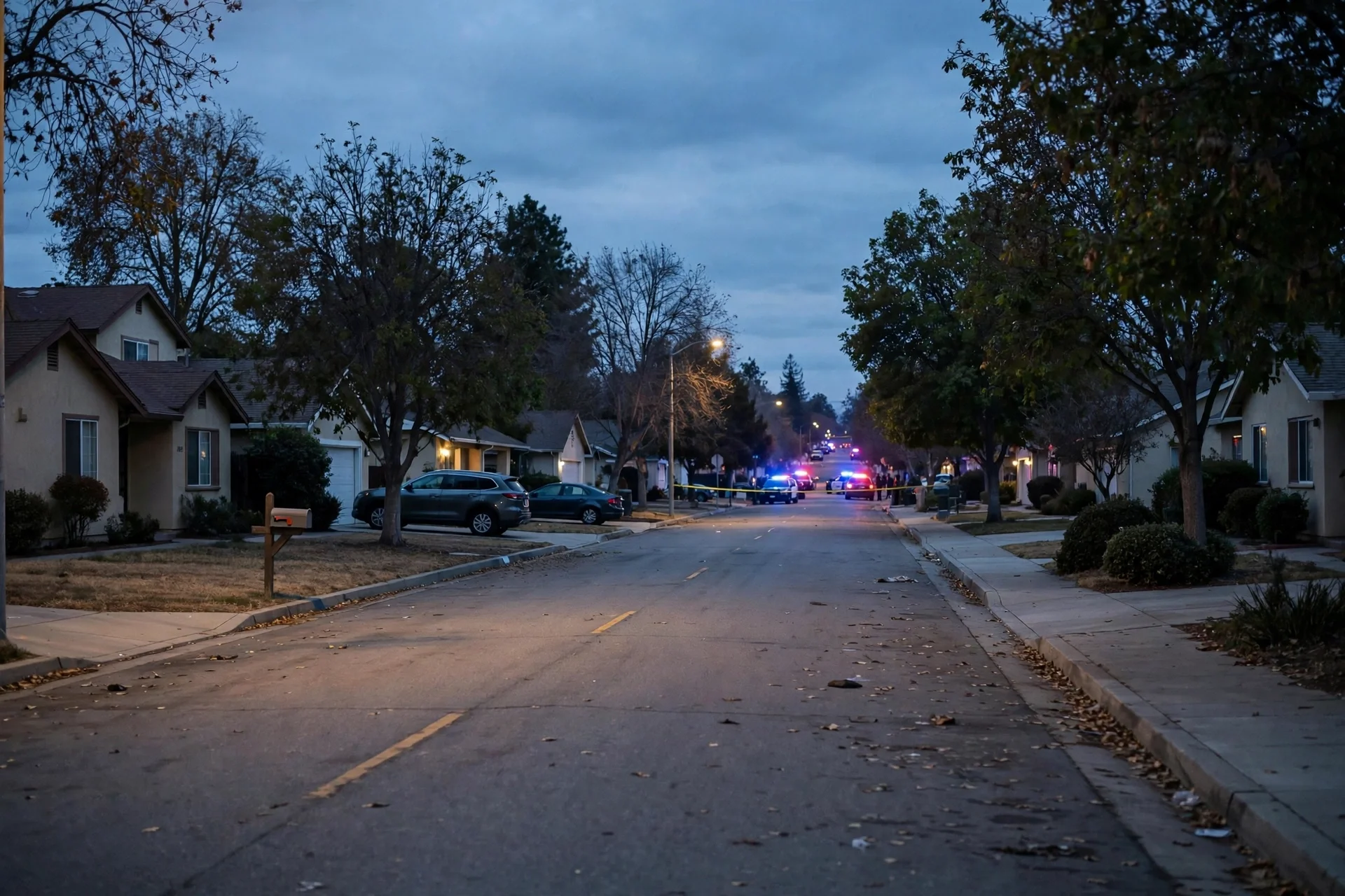 Calle suburbana del condado de Sacramento al atardecer con ambiente de investigación policial a lo lejos