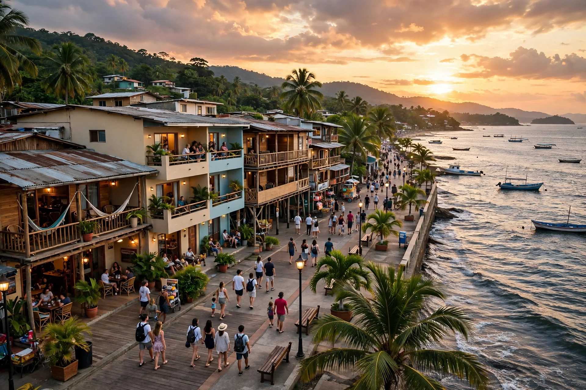 Malecón del Pacífico colombiano al atardecer con hoteles y hostales frente al mar, turistas paseando y botes en la bahía