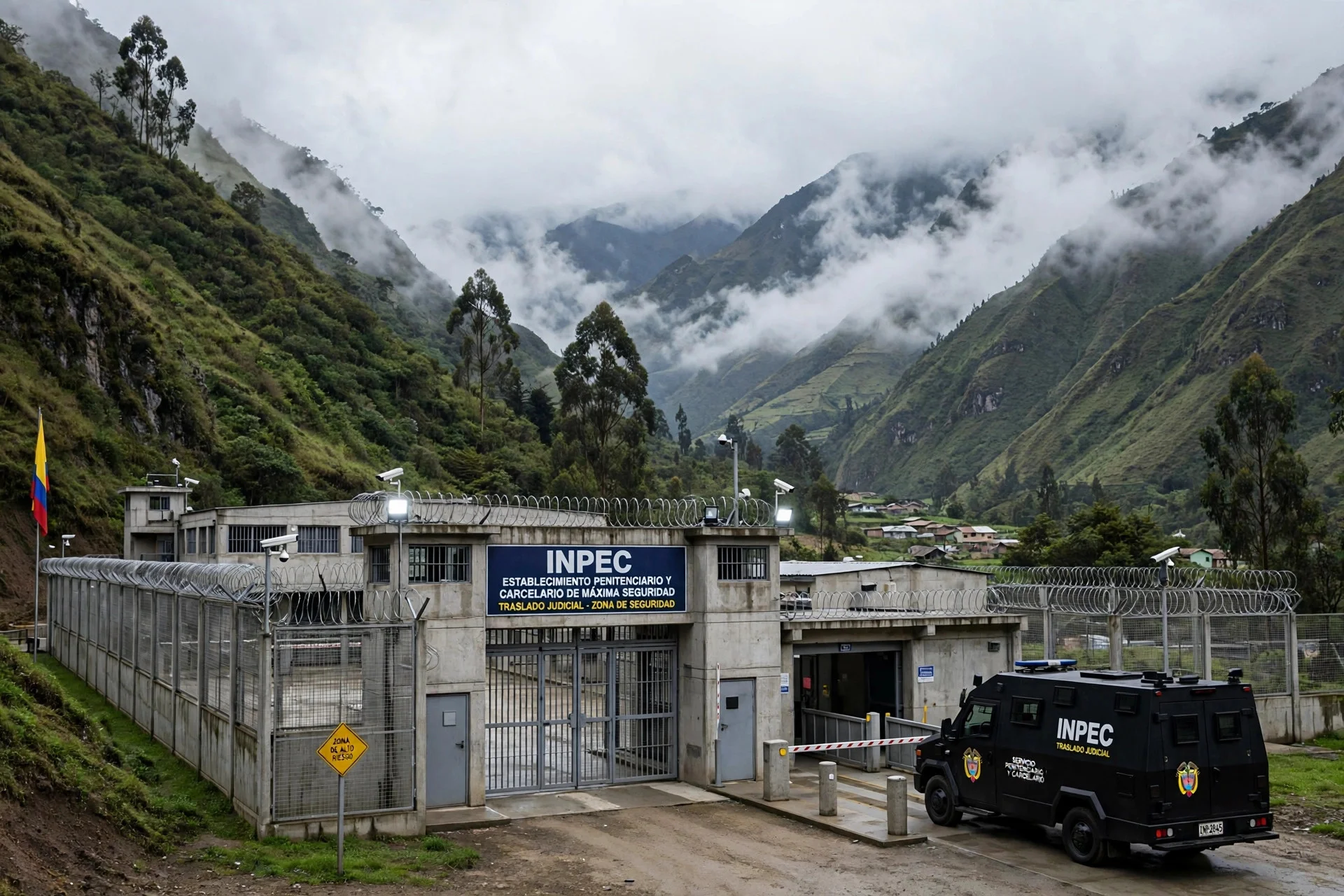 Prisión de máxima seguridad entre montañas andinas con un vehículo de traslado judicial en la entrada