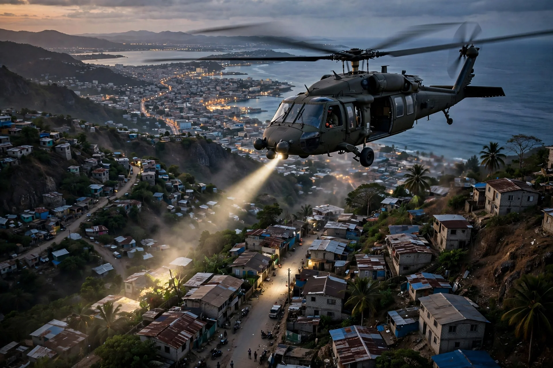 Imagen editorial generada: helicóptero de búsqueda sobrevolando al atardecer una localidad cercana a Puerto Príncipe, Haití.