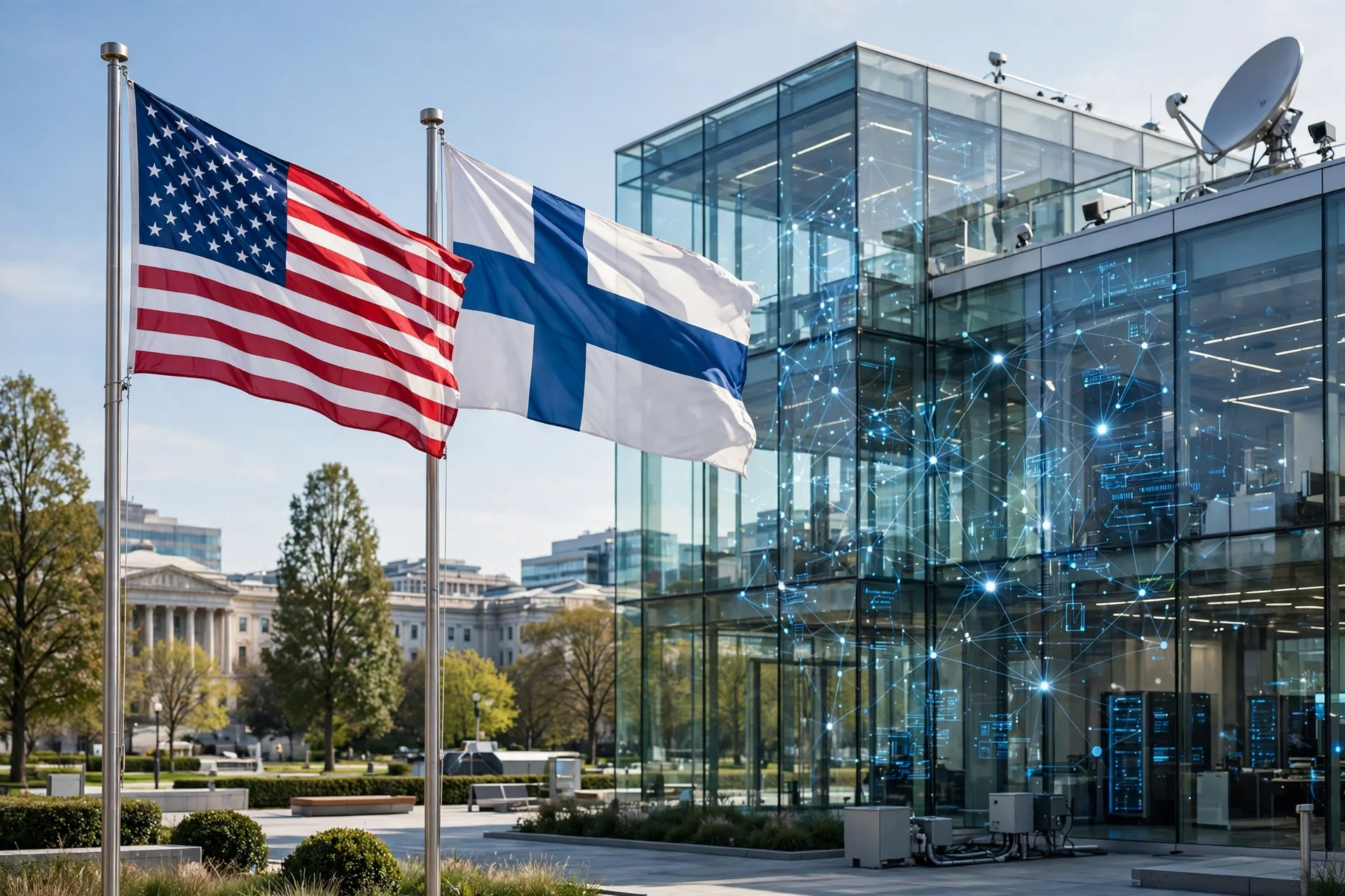 Banderas de Estados Unidos y Finlandia junto a un edificio moderno de cristal con redes de conectividad