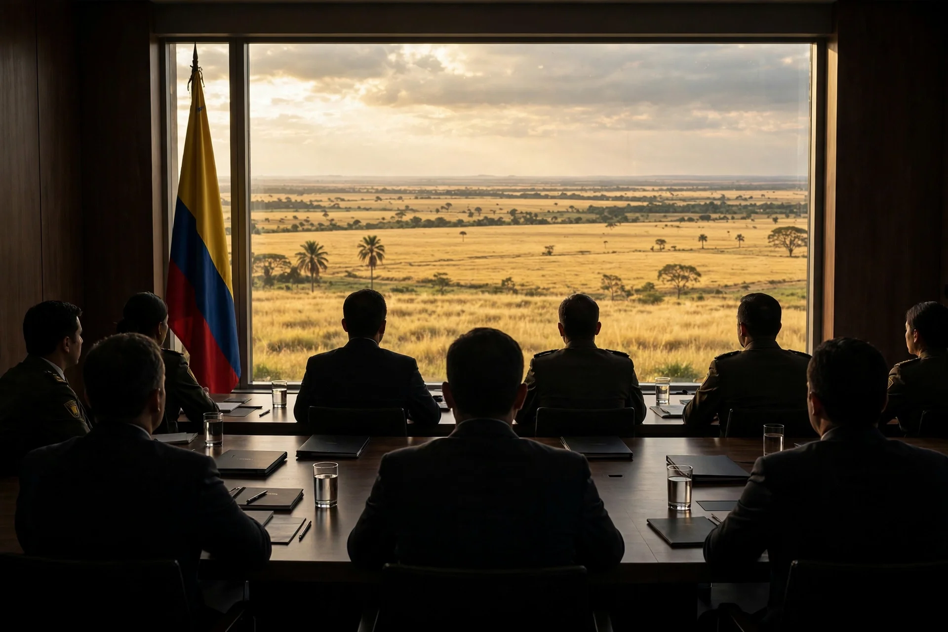 Siluetas de un consejo de seguridad frente a los llanos con la bandera de Colombia a un lado