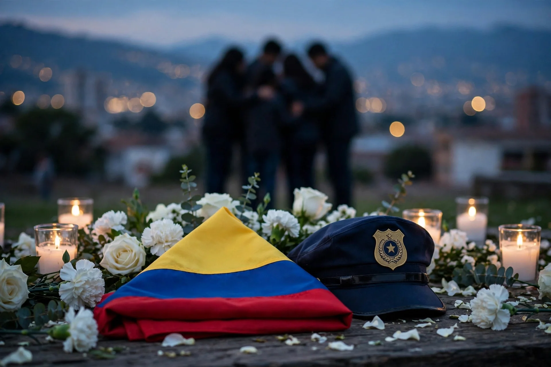 Bandera de Colombia doblada junto a una gorra de policía, flores blancas y velas encendidas al anochecer, con una familia en duelo desenfocada al fondo