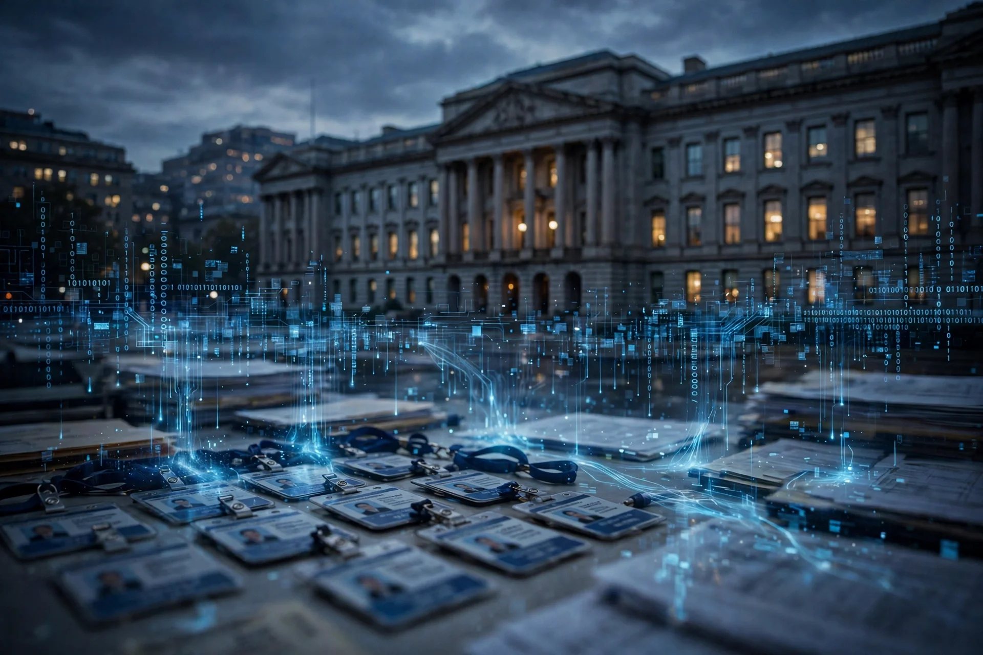 Credenciales de empleados sin datos legibles sobre una mesa frente a un edificio gubernamental, con una superposición digital que sugiere una filtración de datos