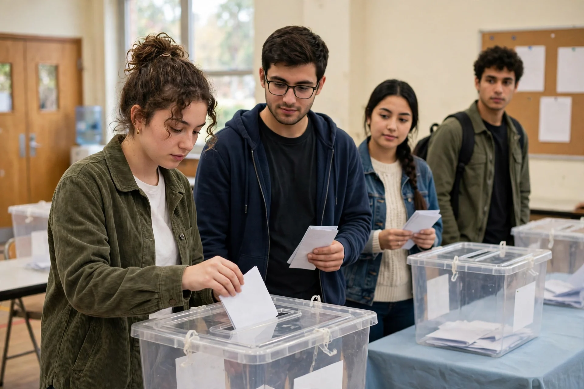 Cuatro jóvenes en un colegio electoral; una joven introduce un sobre blanco en una urna transparente mientras los demás esperan con sobres en la mano