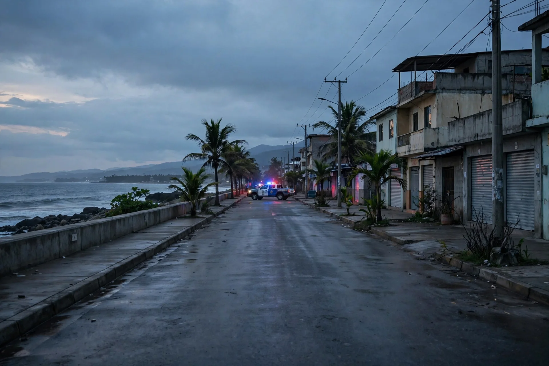 Calle costera vacía al anochecer con una patrulla policial al fondo durante un toque de queda
