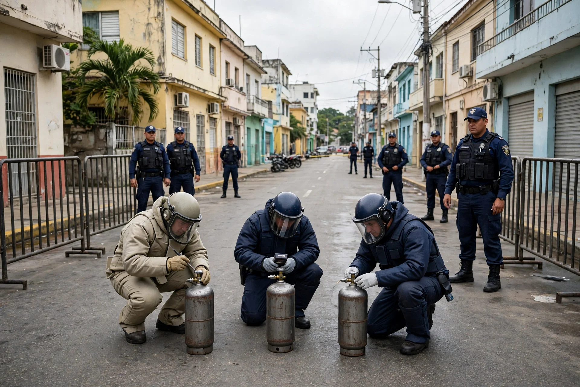 Calle de Barranquilla acordonada por policías mientras técnicos antiexplosivos inspeccionan tres cilindros metálicos