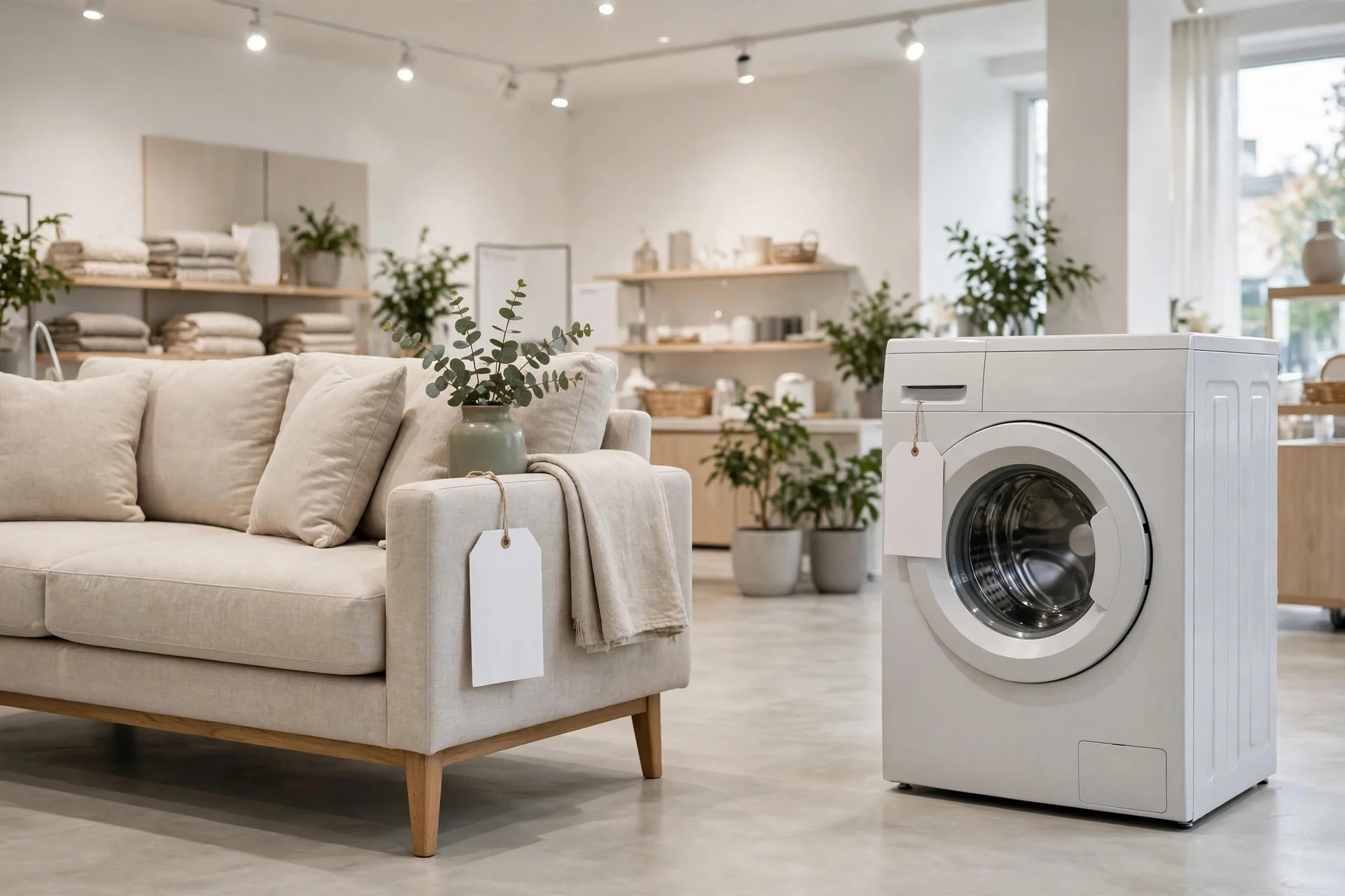 Retail showroom with a sofa, a washing machine and blank price tags in a bright store