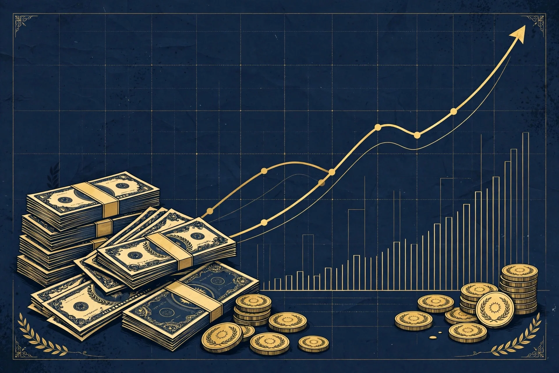 Ilustración de billetes y monedas junto a una curva ascendente que representa el crecimiento de la deuda pública