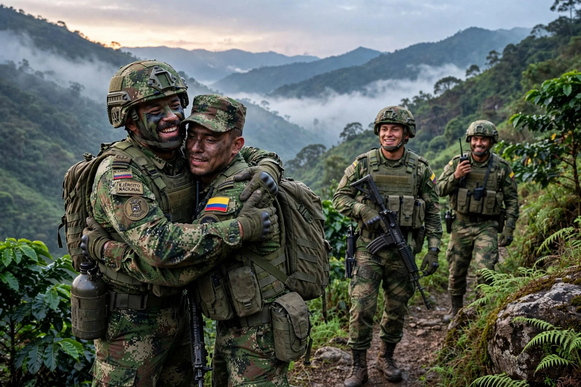 Soldados en una operación de búsqueda en zona rural montañosa de Antioquia al amanecer