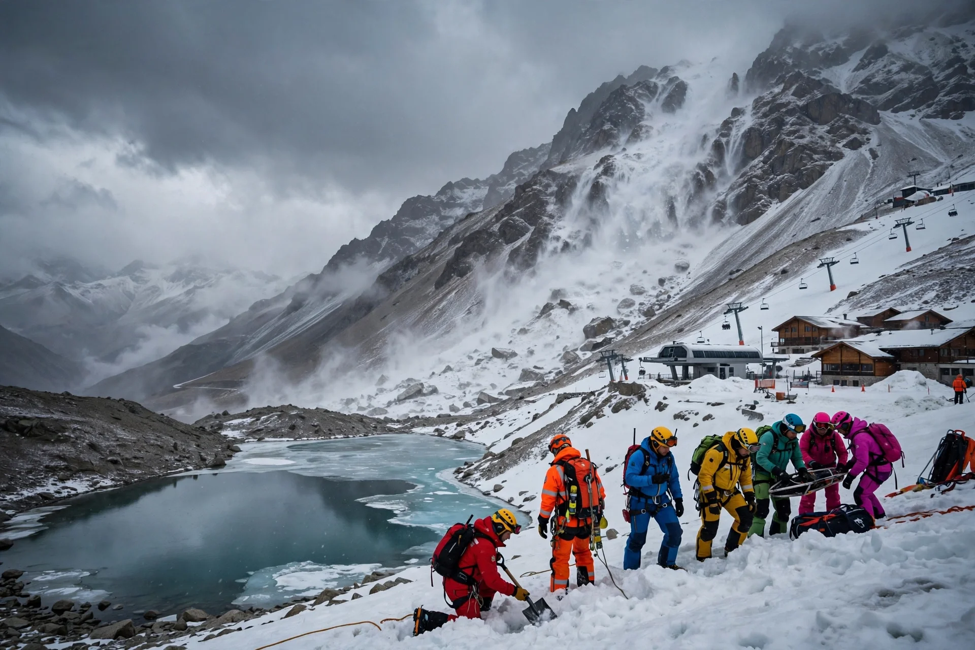 Equipos de rescate trabajan en la nieve junto a una laguna de alta montaña en los Andes, con un centro de esquí al fondo.