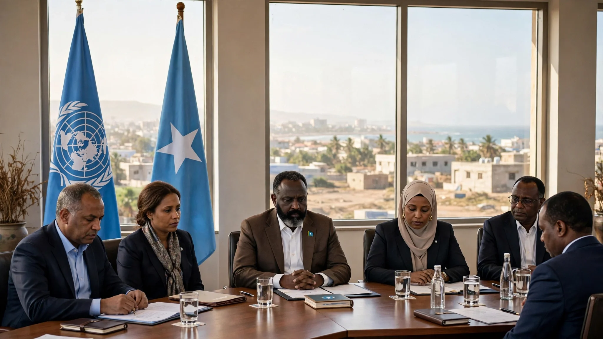 Ceremonia de cierre de una misión política internacional en Mogadiscio, con banderas de Somalia y de la comunidad internacional