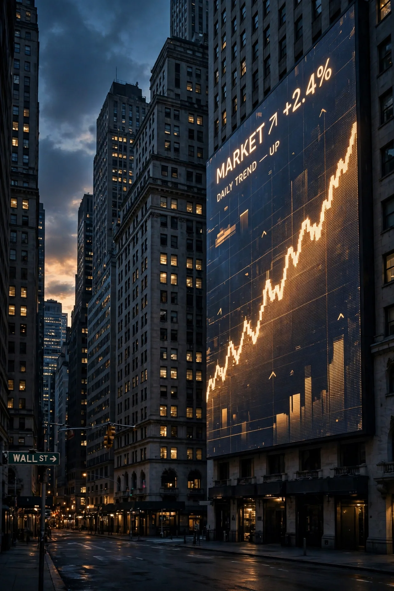 Rascacielos de Wall Street al atardecer con una gran pantalla bursátil que muestra una gráfica ascendente