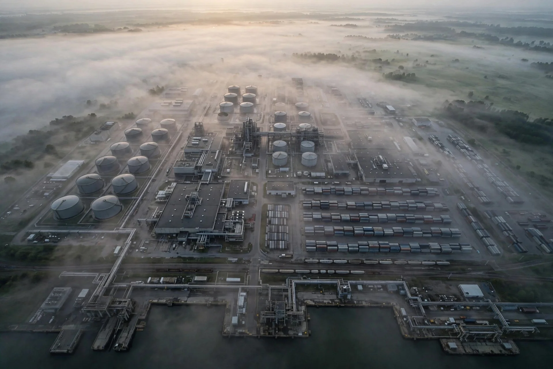 Vista aérea de una terminal industrial con tanques de almacenamiento entre niebla al amanecer