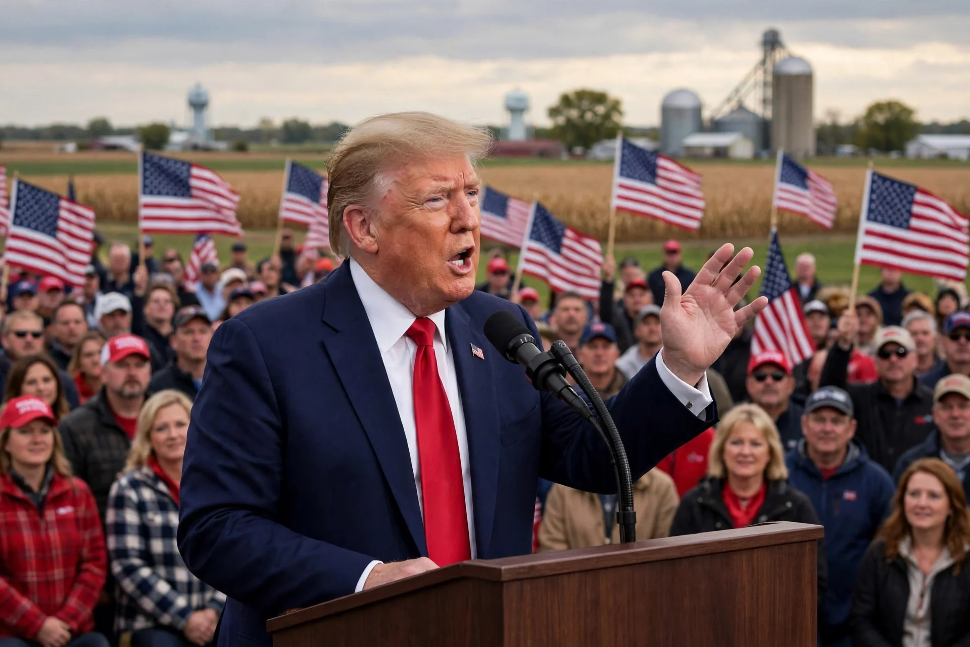 Ilustración editorial de Donald Trump en un mitin de campaña en Iowa con banderas estadounidenses