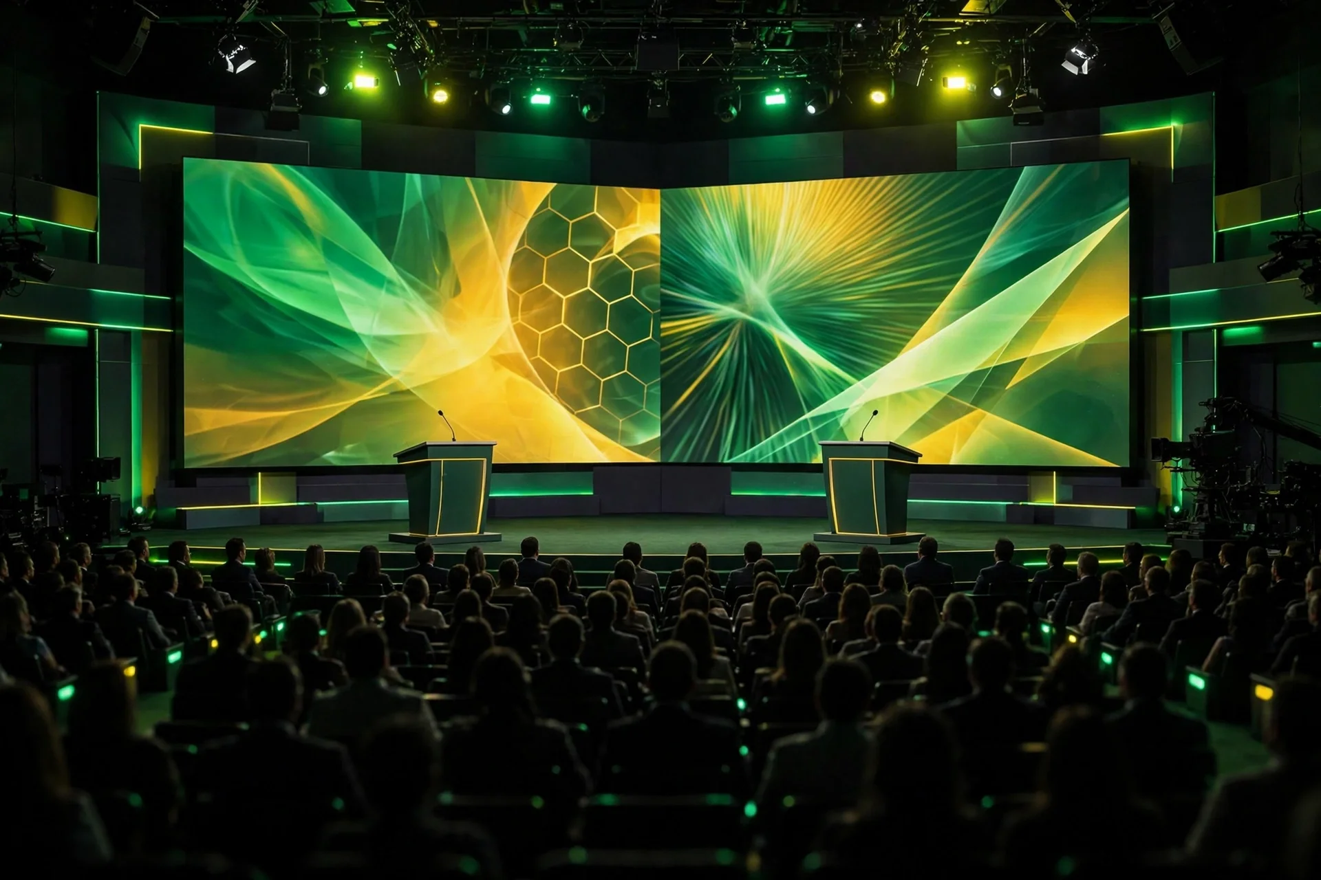 Escenario televisivo de debate presidencial con dos atriles vacíos y pantallas en verde y amarillo.