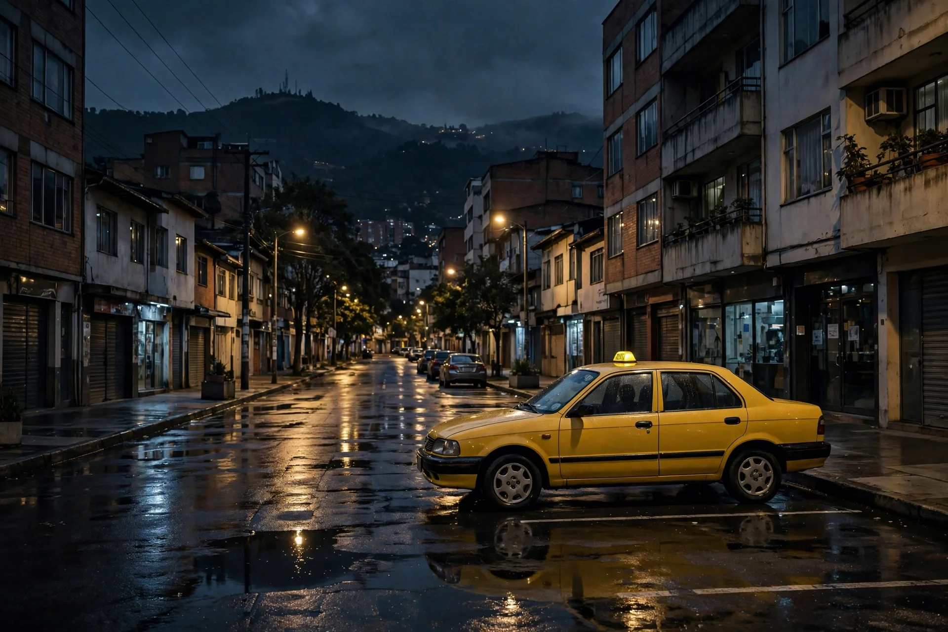 Taxi amarillo detenido de noche en una calle húmeda de Bogotá, con edificios residenciales y cerros al fondo