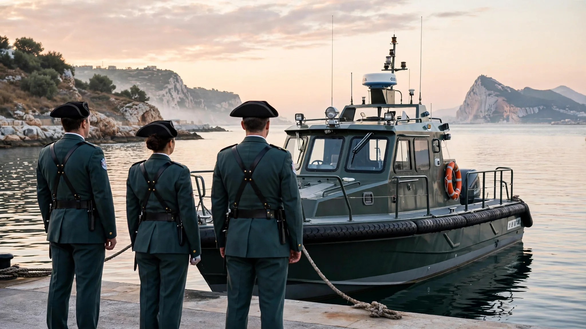 Agentes de la Guardia Civil junto a una patrullera marítima en la costa andaluza al amanecer
